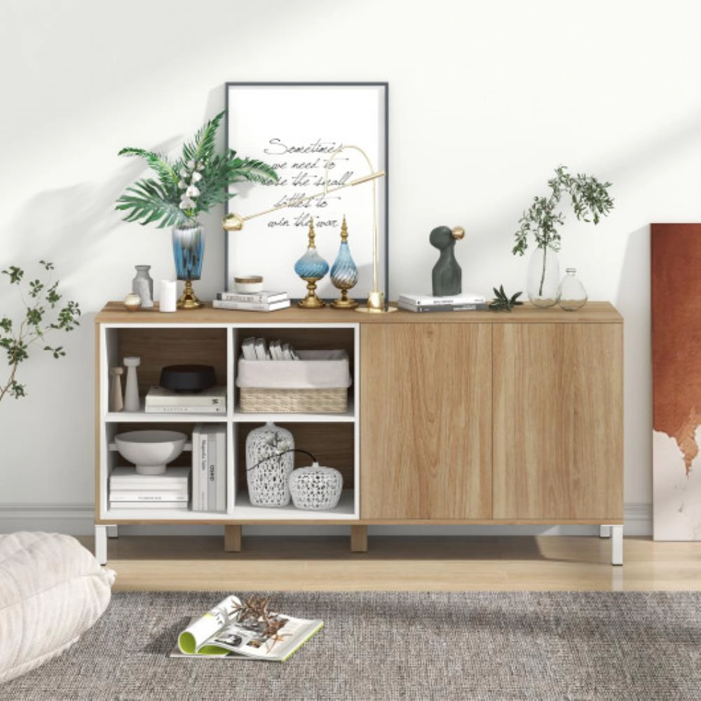 Hivvago 63 Inches Buffet Sideboard With 4 Compartments And Push-To-Open Cabinet-Natural