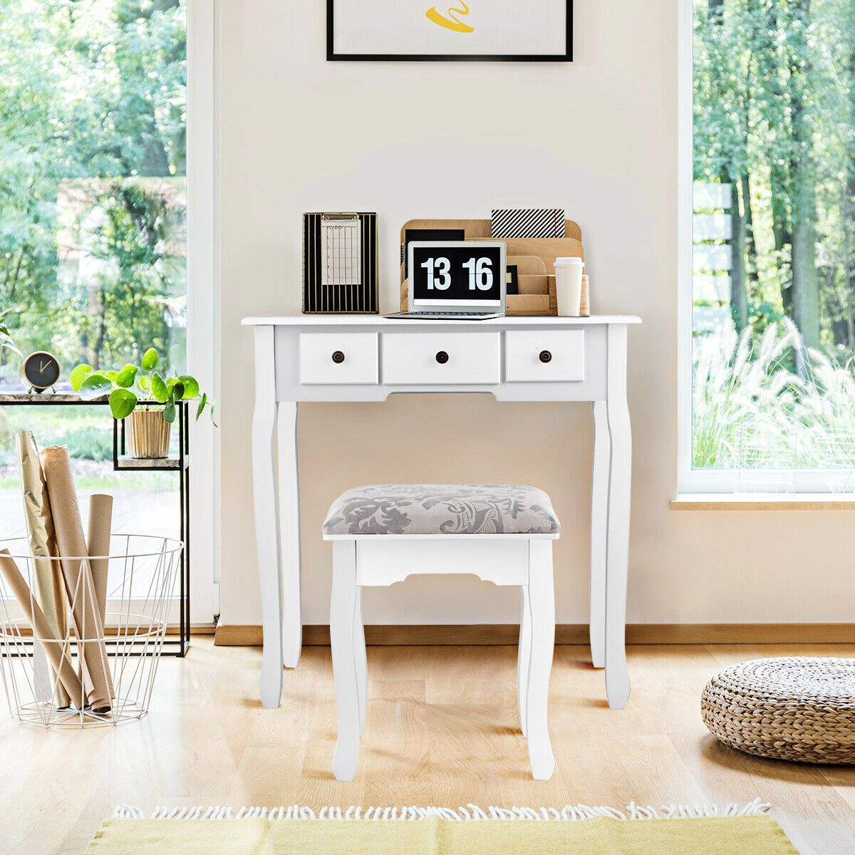 SlickBlue White Makeup Vanity Set with Mirror, 5 Drawers & Stool