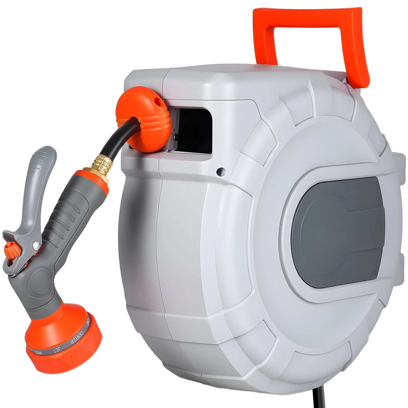 HONGGE Retractable Garden Hose Reel, 50 ft x 1/2 in, Wall Mounted with 9-Pattern Nozzle and Slow Auto Rewind