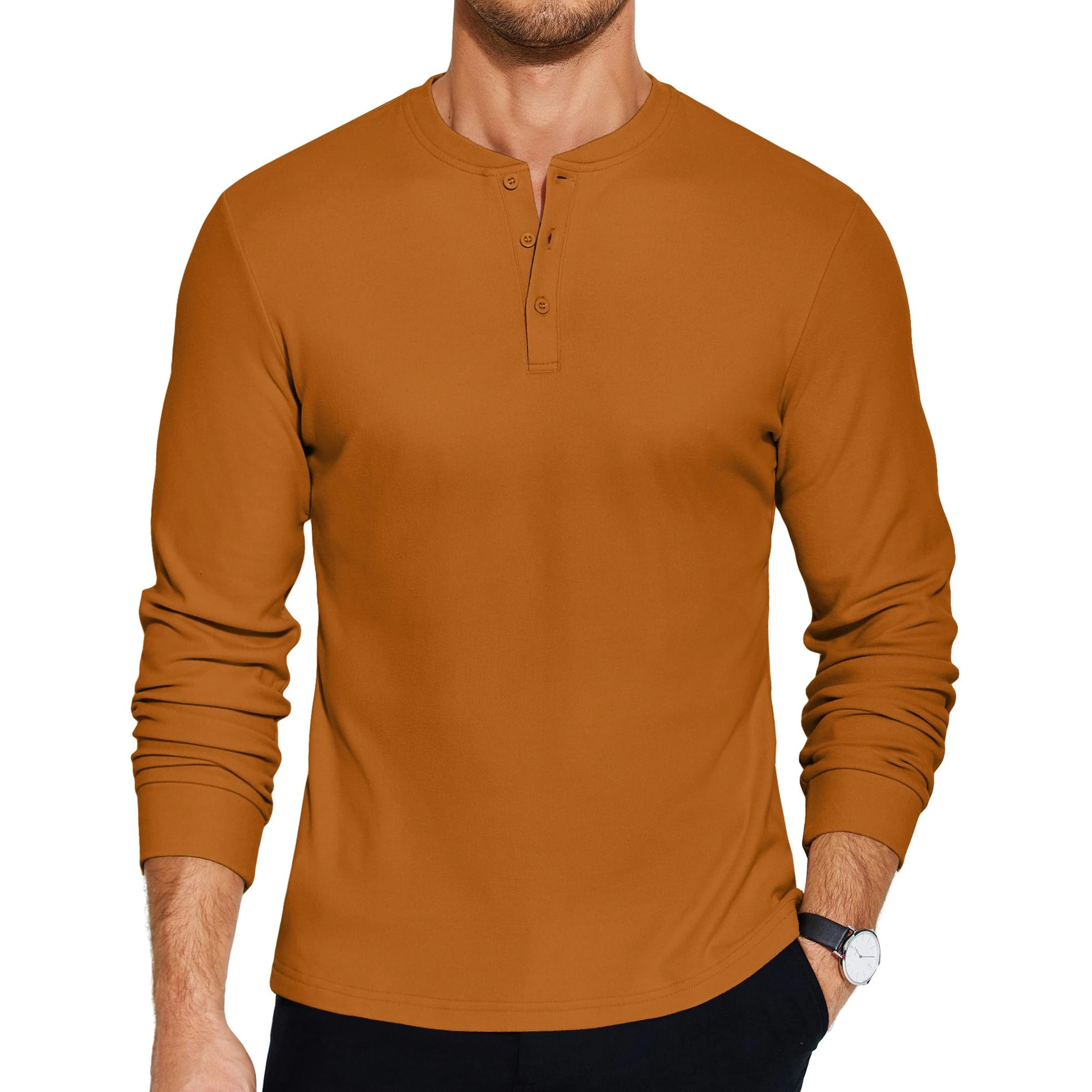 COOFANDY Mens Classic Long Sleeve Henley Shirt Button Placket Band Neck Fall Tops