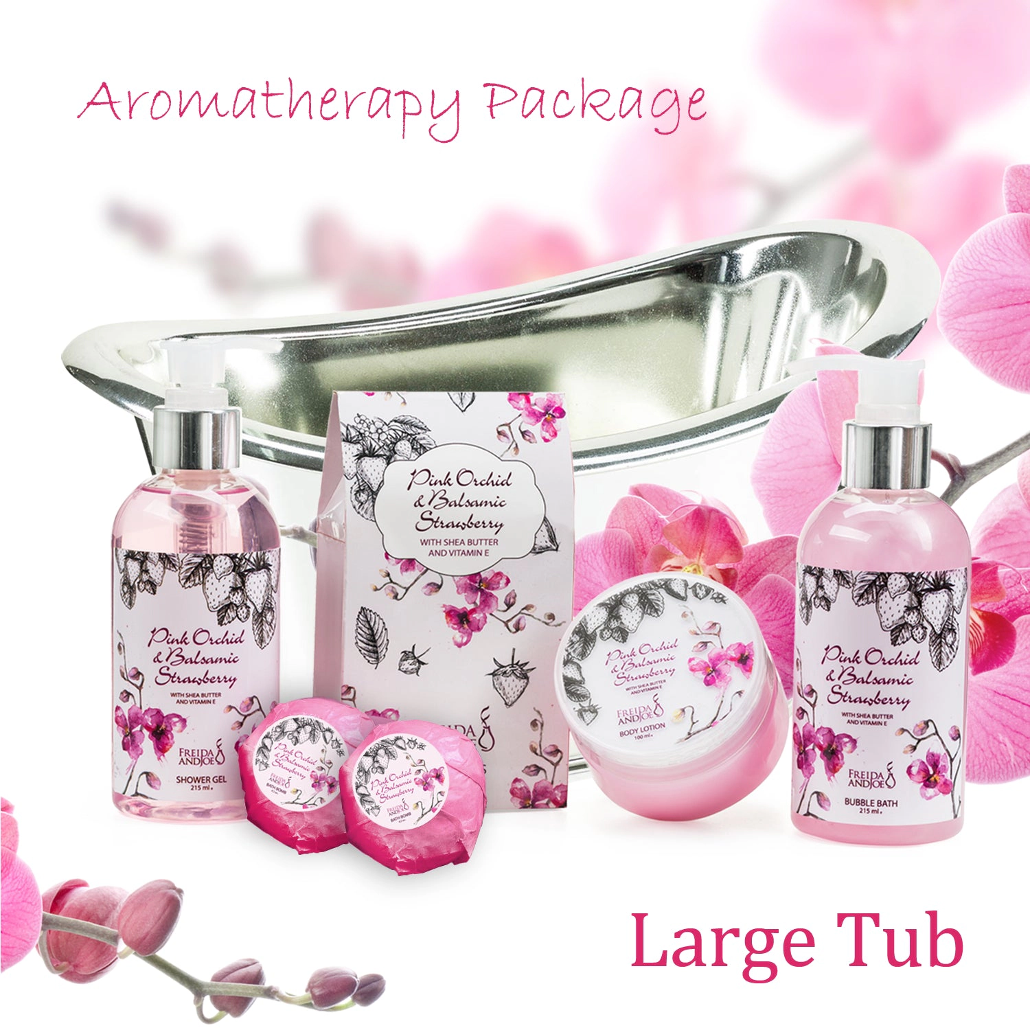 Freida and Joe Pink Orchid & Strawberry Bath & Body Spa Gift Set In A Tub