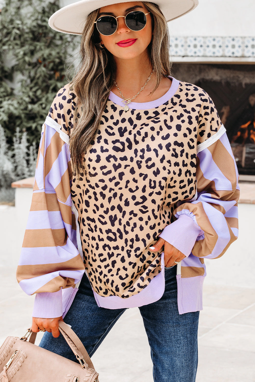 Threaded Pear Women's Olivia Stripe Leopard Casual Sweatshirt