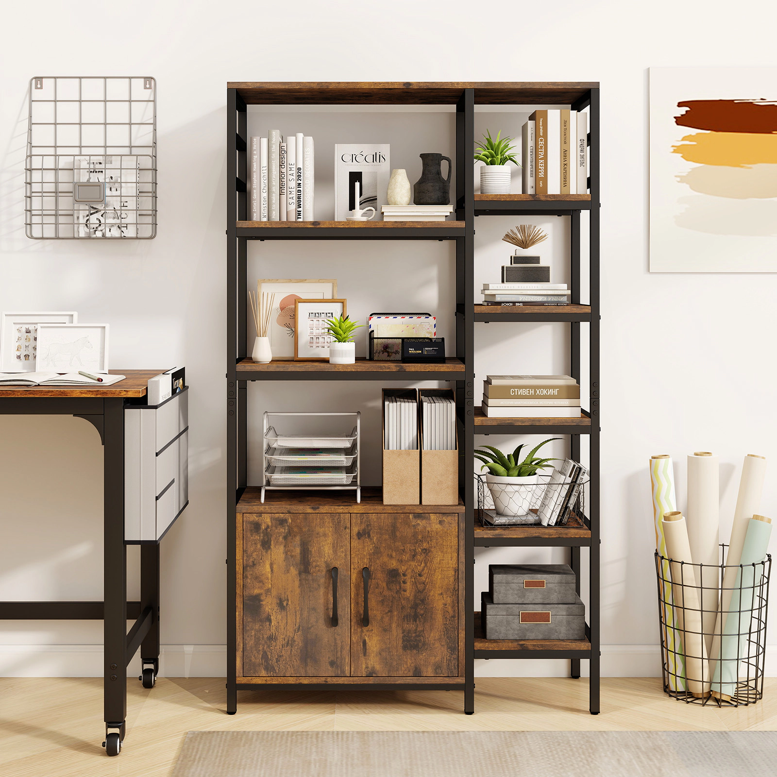 SUGIFT Rustic Brown Double Wide 8-Tier Bookshelf with 2-Door Cabinet