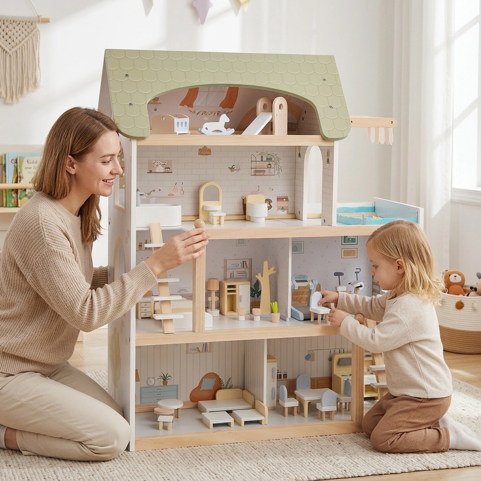 Wooden Dollhouse for Kids with 33-pc Furniture Accessories and Movable Stairs 25-in x 10-in x 31-in Green