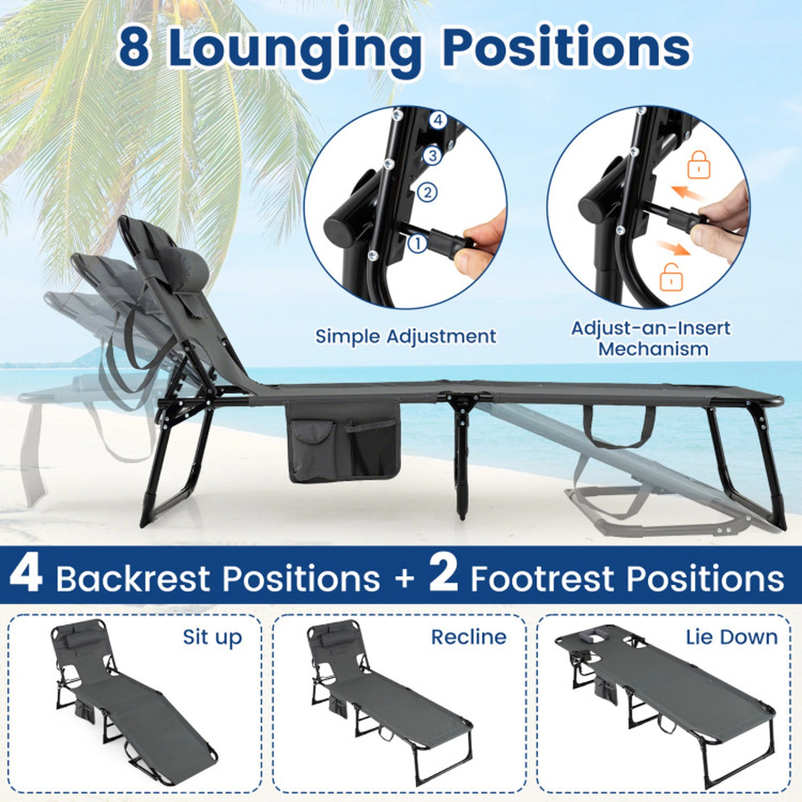 SUGIFT Set of 2 Portable Tanning Chaise Lounge Chairs with 4-Position Adjustable Backrest 330-Lb Capacity 76-in Gray
