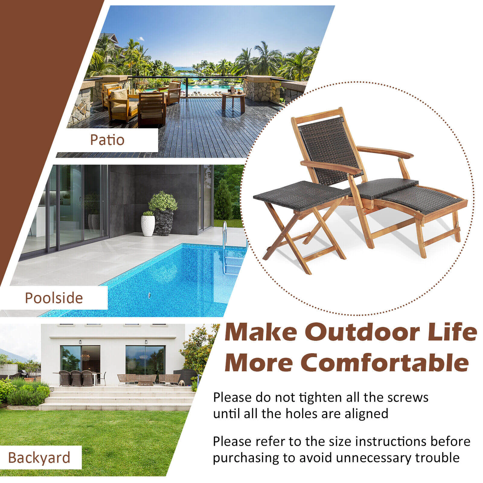 Hivvago 2 Pieces Patio Rattan Folding Lounge Chair with Acacia Wood Table