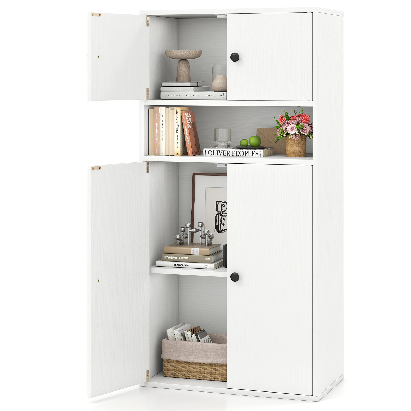 SUGIFT White 44 in Tall Bookshelf with Doors and 5-Position Adjustable Shelf