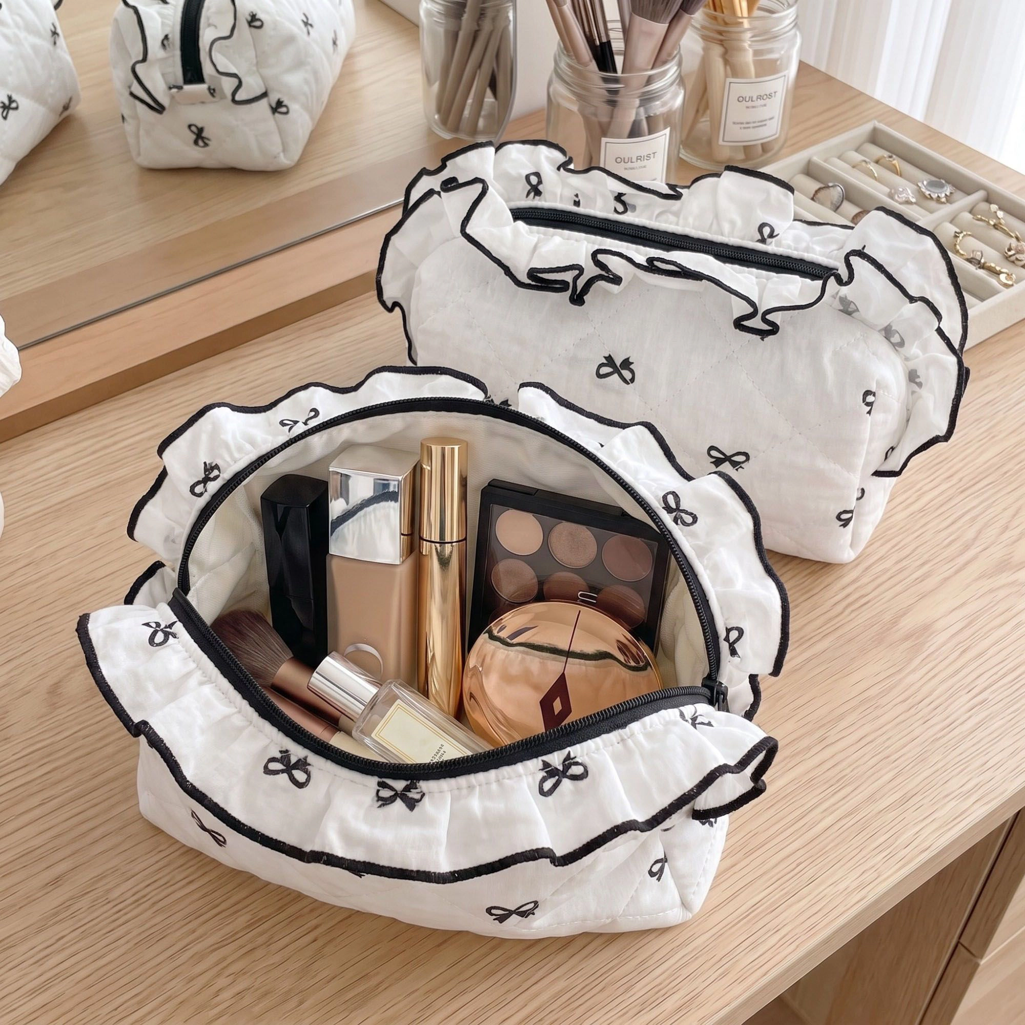 Alilang Unisex Quilted Bow Print Cosmetic Bag with Ruffle Trim