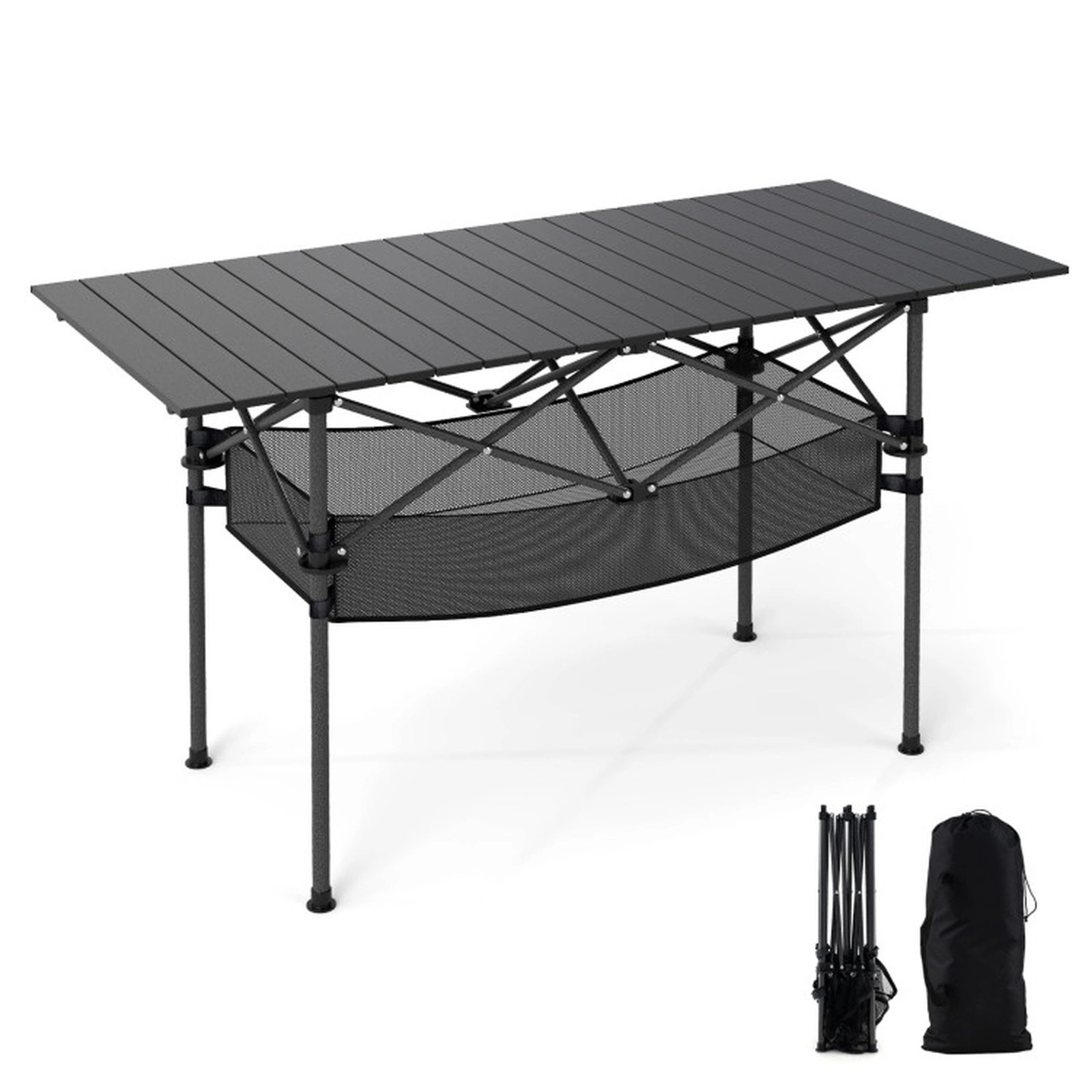 SUGIFT 47-Inch Aluminum Roll-Up Camping Table, 220-Lb Capacity, Mesh Basket and Carry Bag