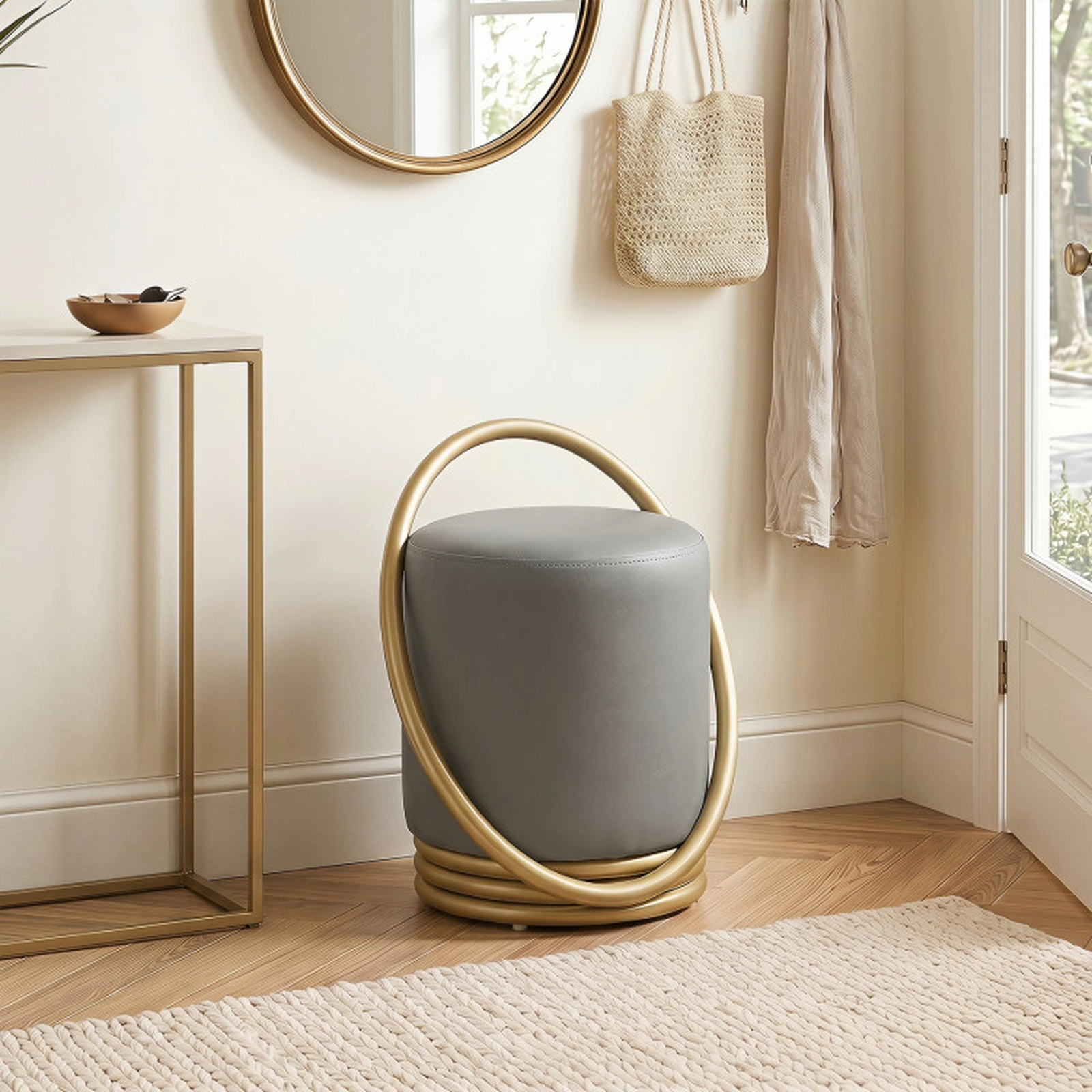 SUGIFT Round Faux Leather Vanity Stool Makeup Ottoman 330-Lb Capacity 21-in Tall Gray and Gold 1-Piece