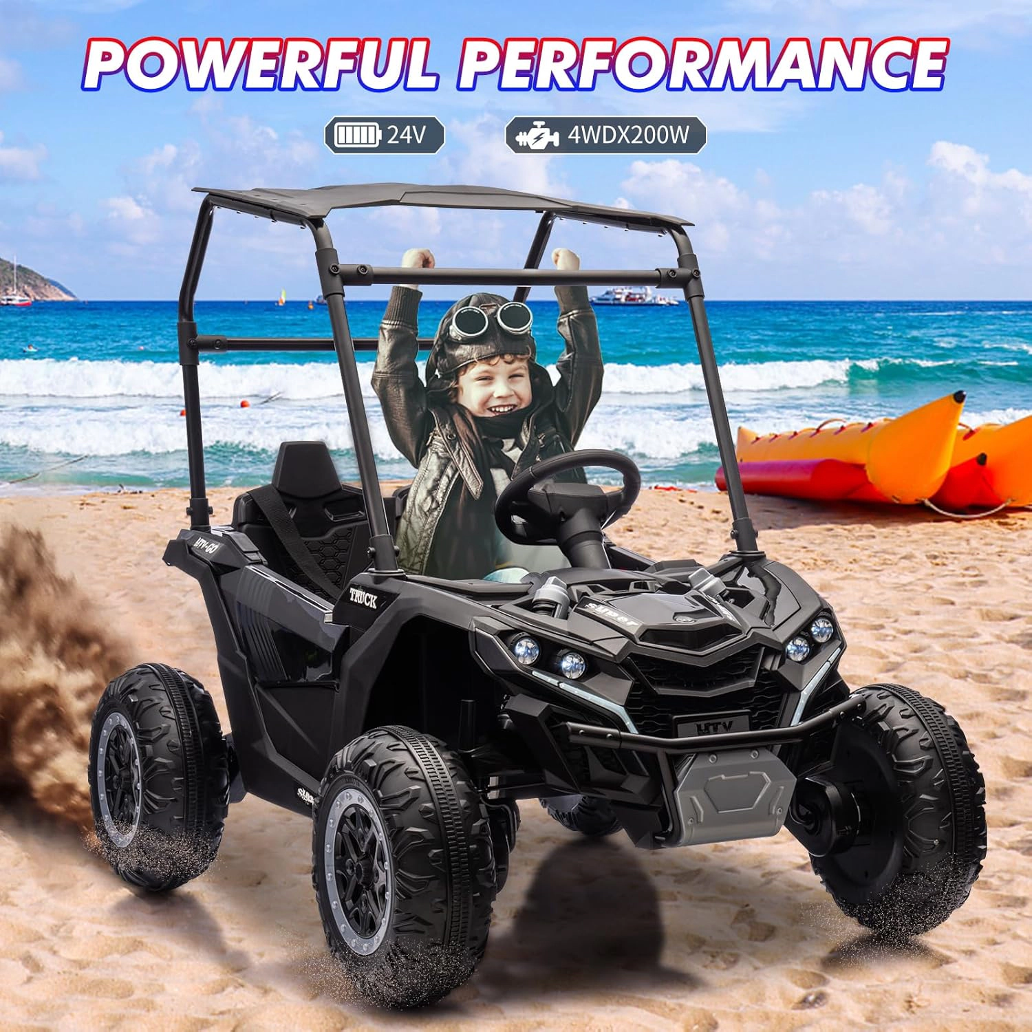 Enjyam 24V 4WD 2-Seater Kids Ride-On UTV w/Sun Shade, Remote Control, LED Lights, Music, Shock Absorbers, 4×75W  Motors