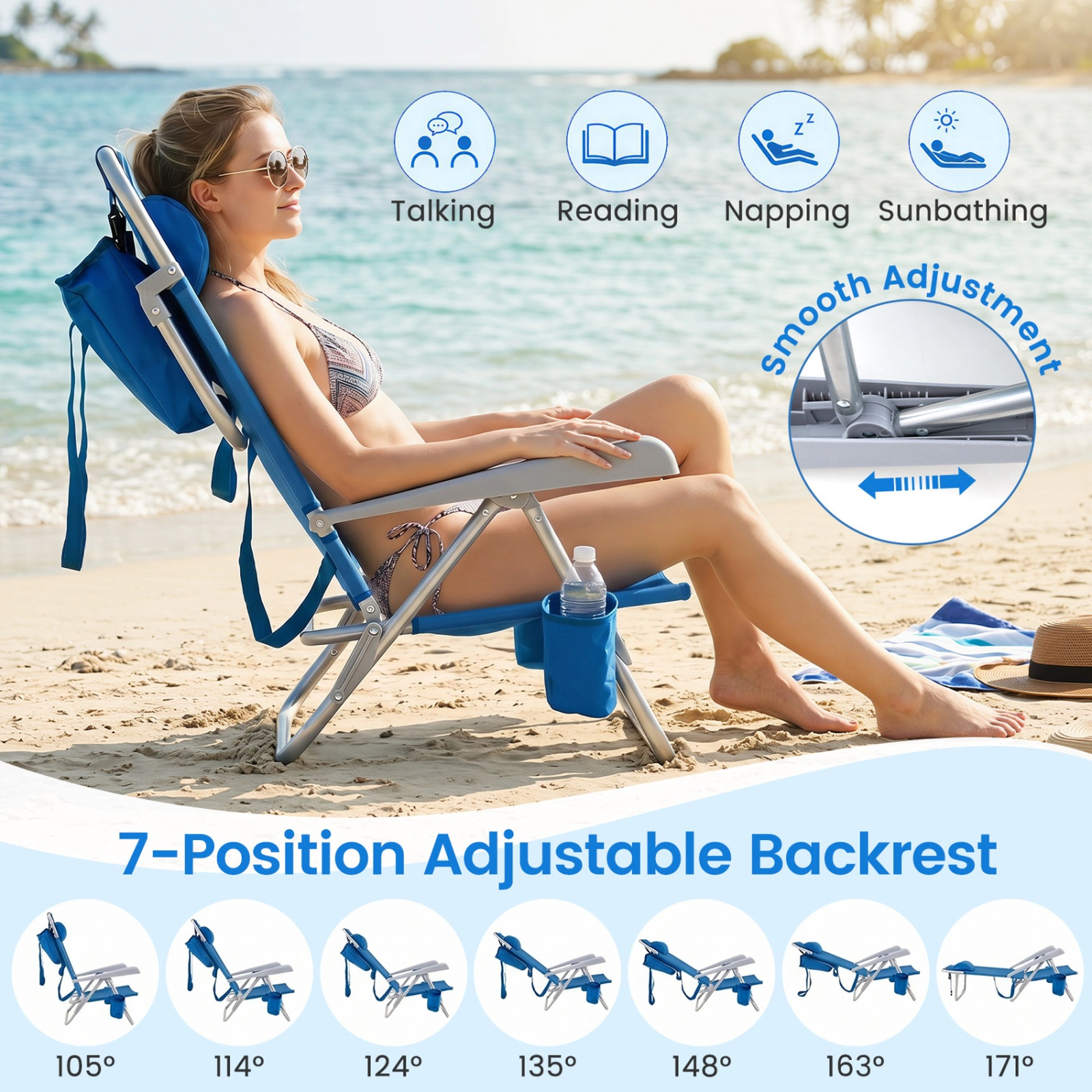 SUGIFT 2-Pack Portable Folding Beach Chair with 7-Position Backrest 330-lb Capacity Navy Blue