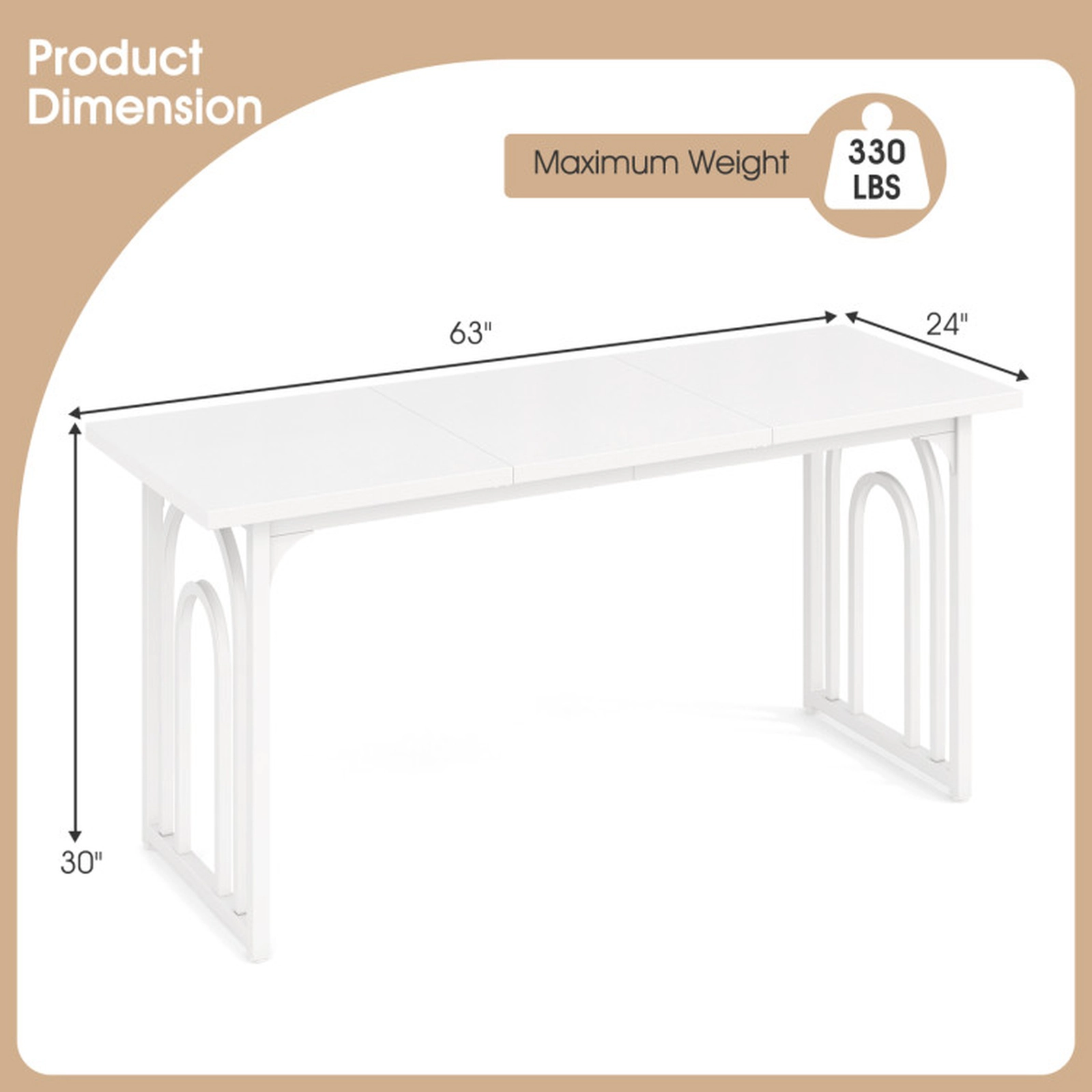 SUGIFT 63-in Rectangular Farmhouse Dining Table for 6-8 People with Arch Metal Frame 330-lb Capacity White