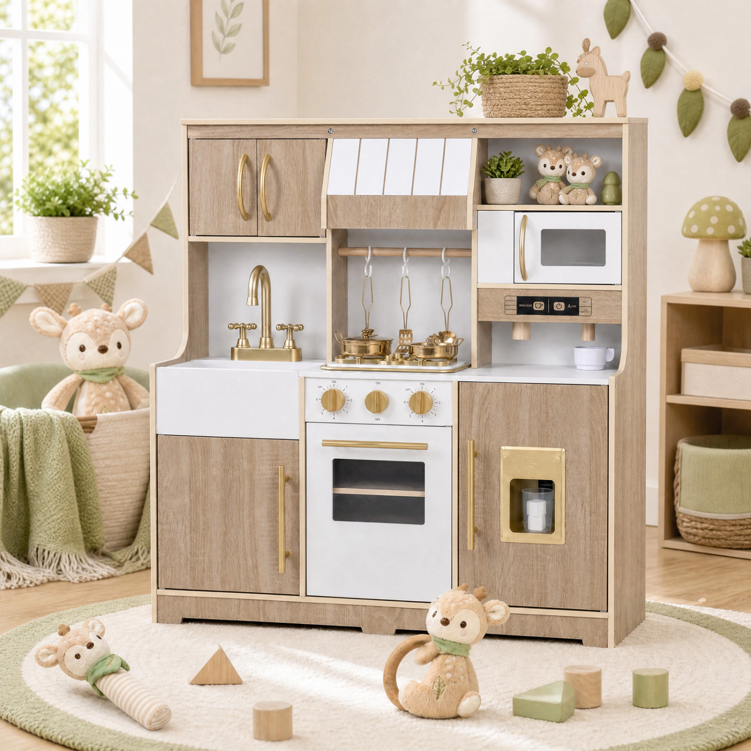 LJG Wooden Play Kitchen with Lights & Sounds and Ice Maker Stove Sink for Toddlers