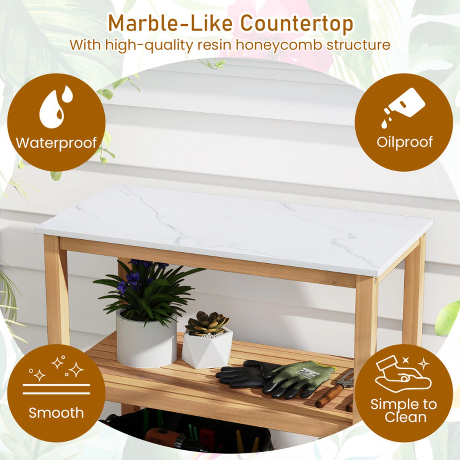 SUGIFT 3-Tier Garden Potting Bench Table with Marble-Like Countertop 155-lb Countertop Capacity Natural