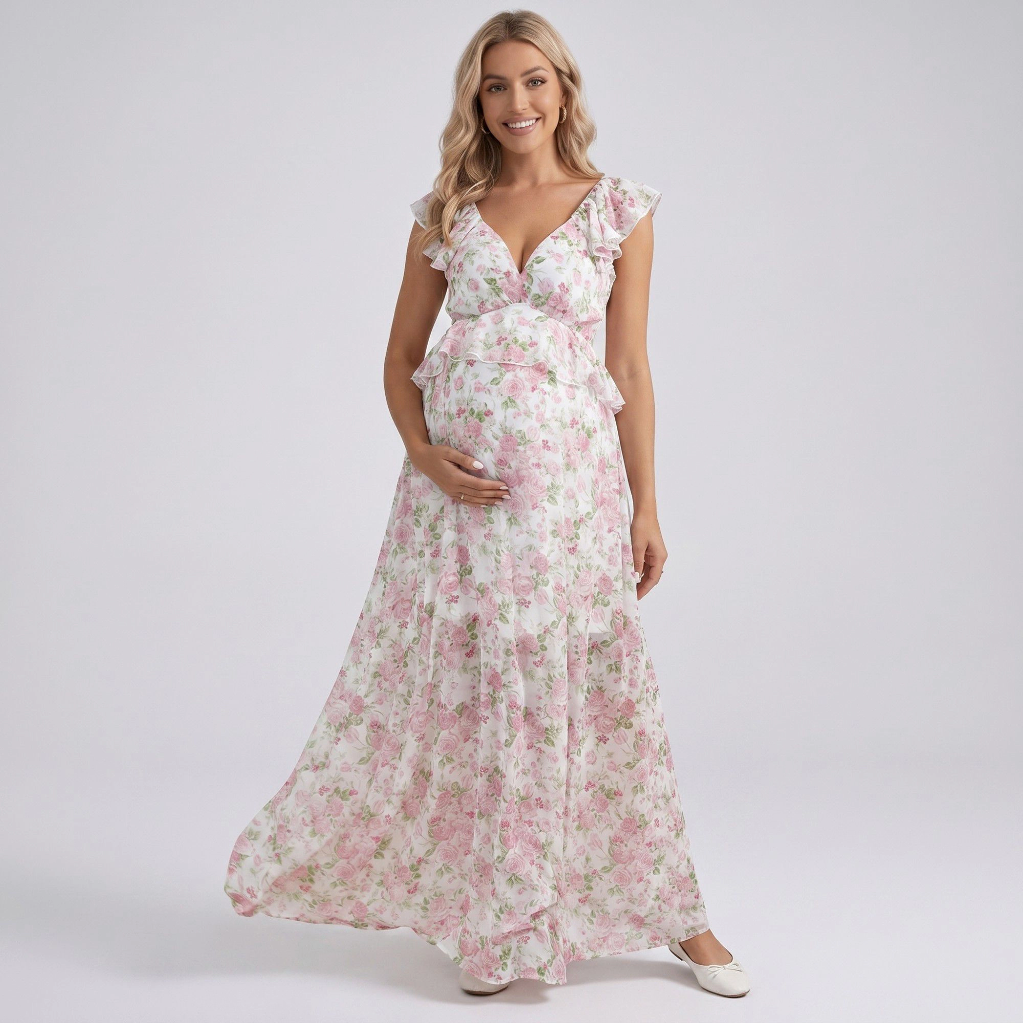 Anna-Kaci Women's Floral Ruffle Sleeve Empire Waist Maternity Maxi Dress