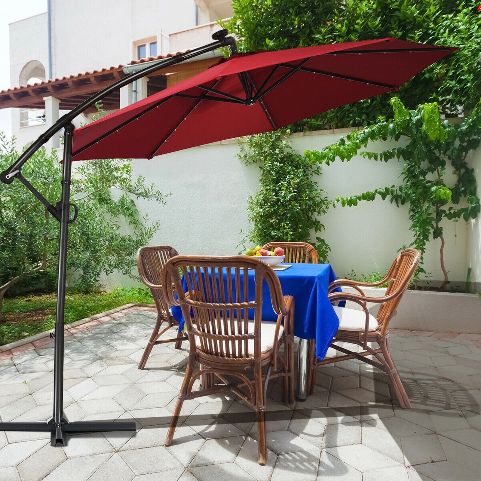 SUGIFT 10-ft Dark Red Offset Cantilever Patio Umbrella with 360-Degree Rotation Easy Tilt and 32 Solar Lights