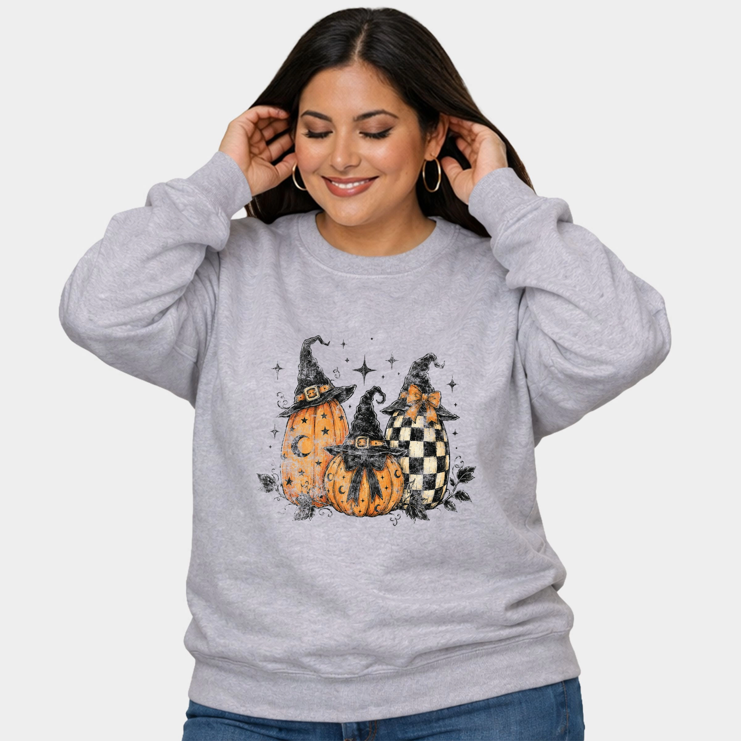 Simply Sage Market - Women's Plus Sized Graphic Sweatshirt Witch Hat Pumpkins
