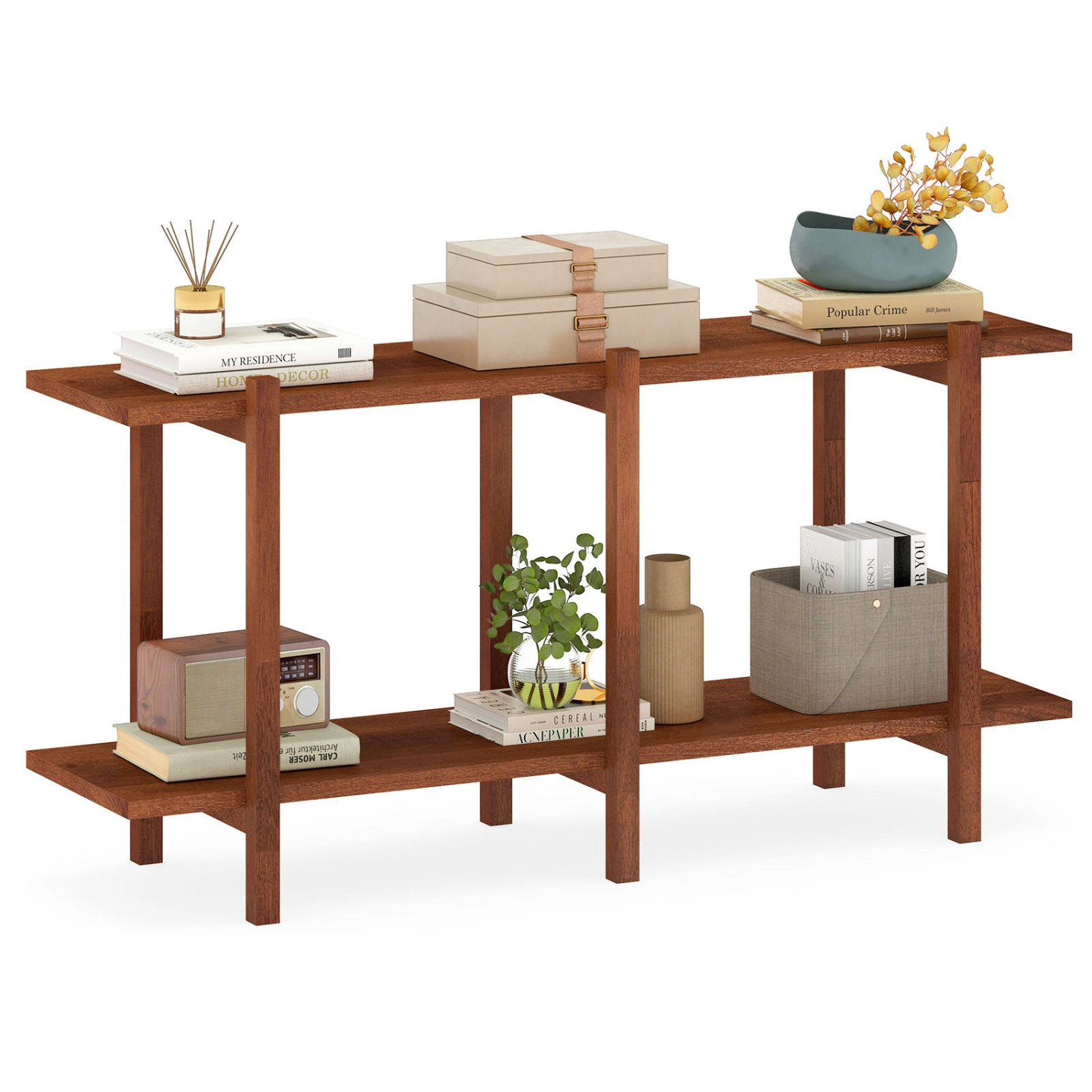 SUGIFT 2-Tier Low Horizontal Rubberwood MDF Bookshelf 48-in Wide Shelves 135-lb Per Shelf Capacity Walnut 1-Piece