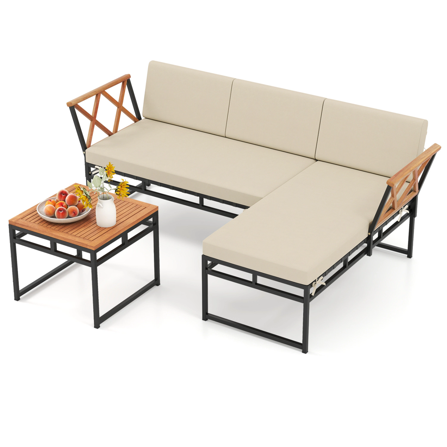 LJG 3-Piece L-Shaped Patio Furniture Set for Porch Backyard and Poolside