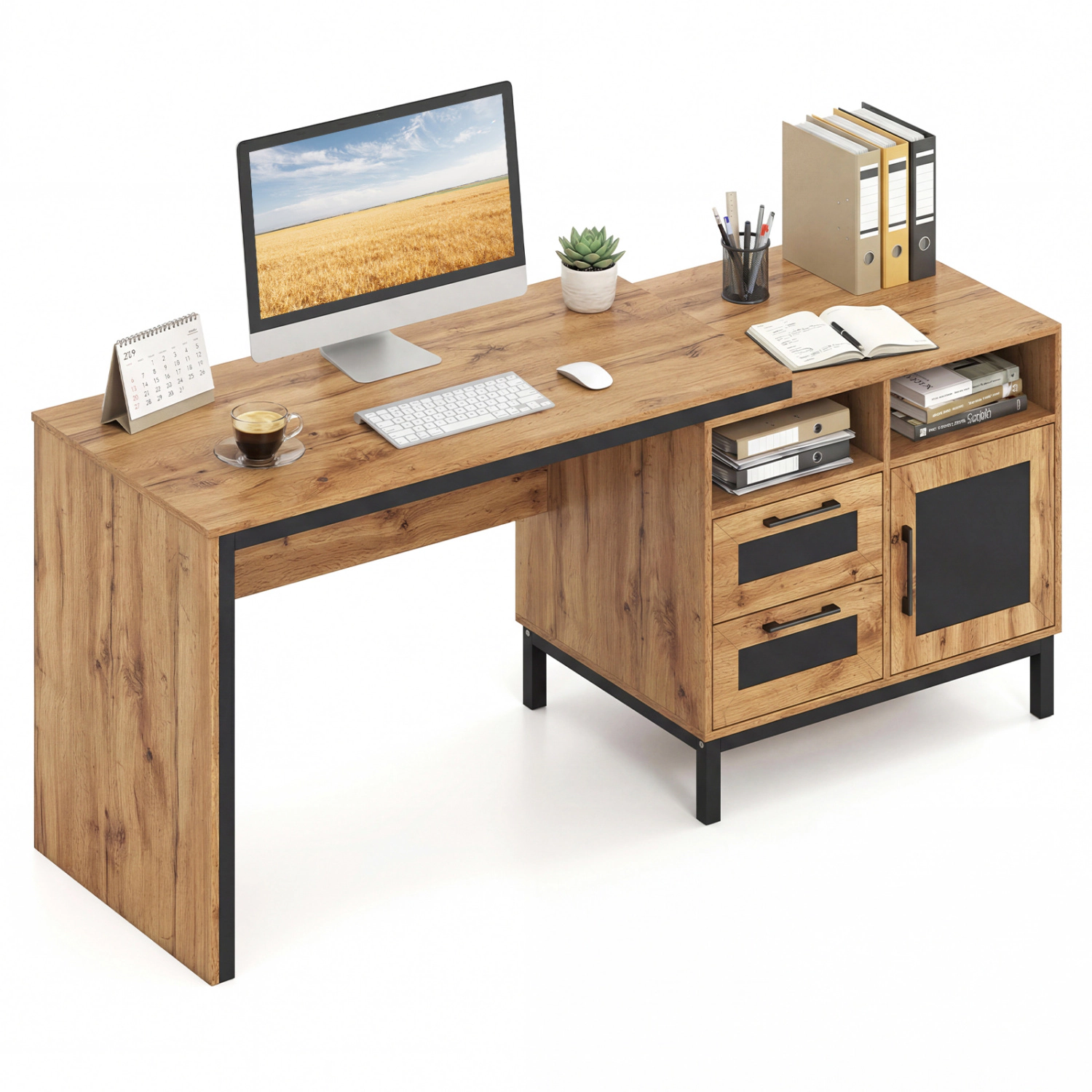 LJG 71-Inch Computer Table with Open Compartments and Drawers