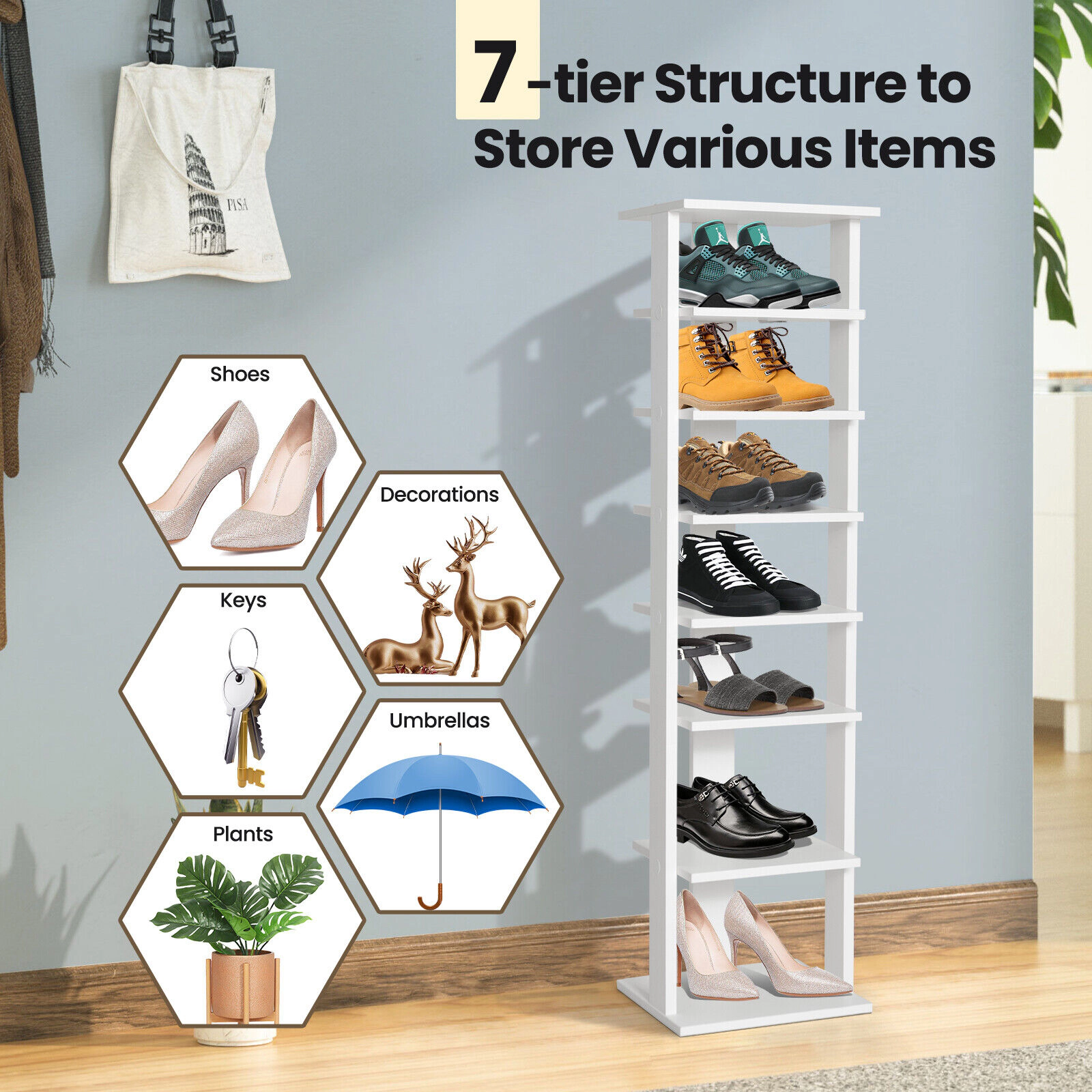 SlickBlue 7 Tier Shoe Rack Tower with Adjustable Boot Storage