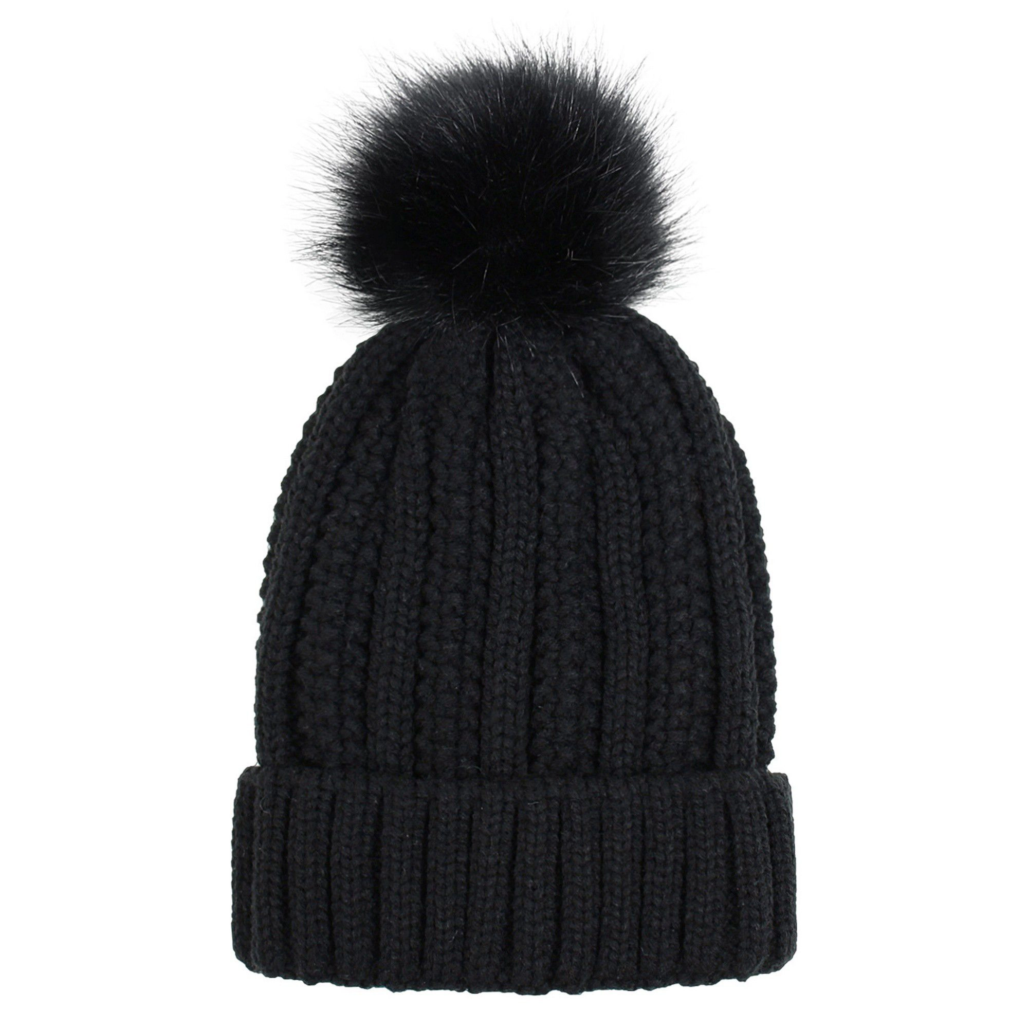 Anna-Kaci Women's Satin-Lined Ribbed Knit Fluffy Pom Winter Beanie Hat