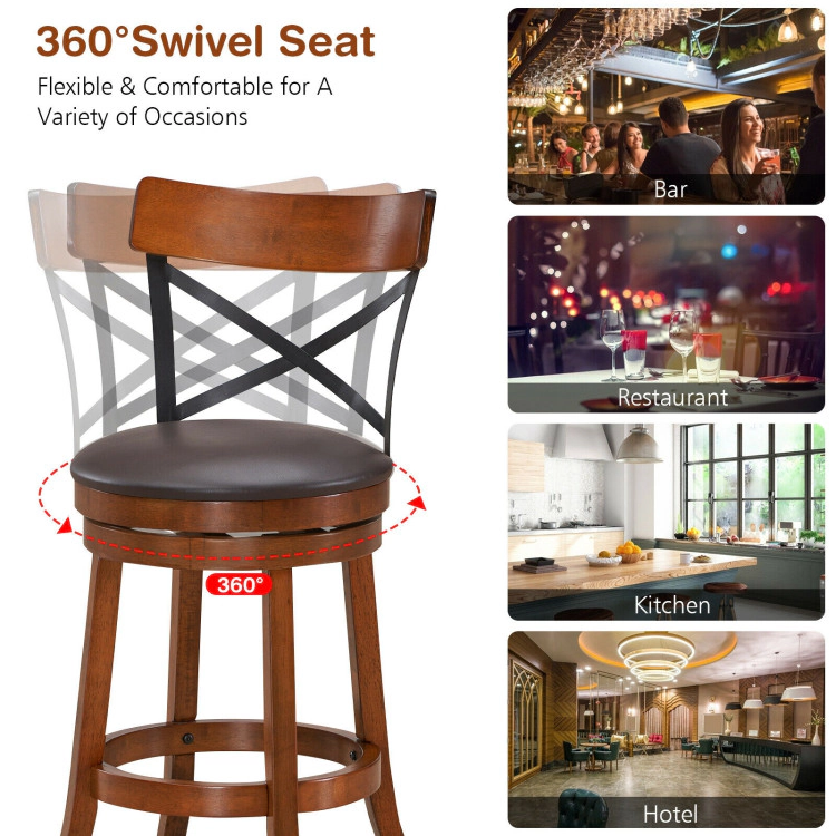 Hivvago Set of 2 Bar Stools 360-Degree Swivel Dining Bar Chairs with Rubber Wood Legs-29.5 inch
