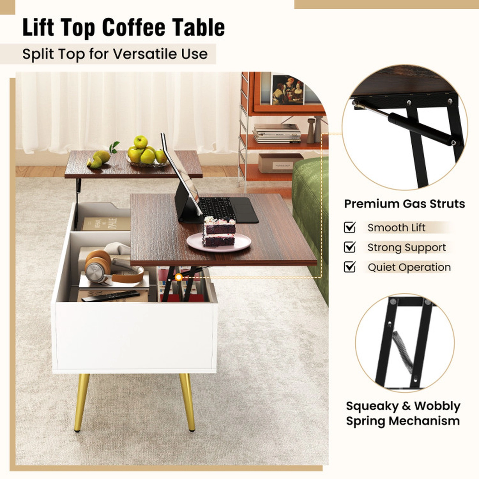SUGIFT 47-in 132-lb Capacity Dual Pneumatic Lift Top Walnut Coffee Table with 2 Hidden Storage Compartments