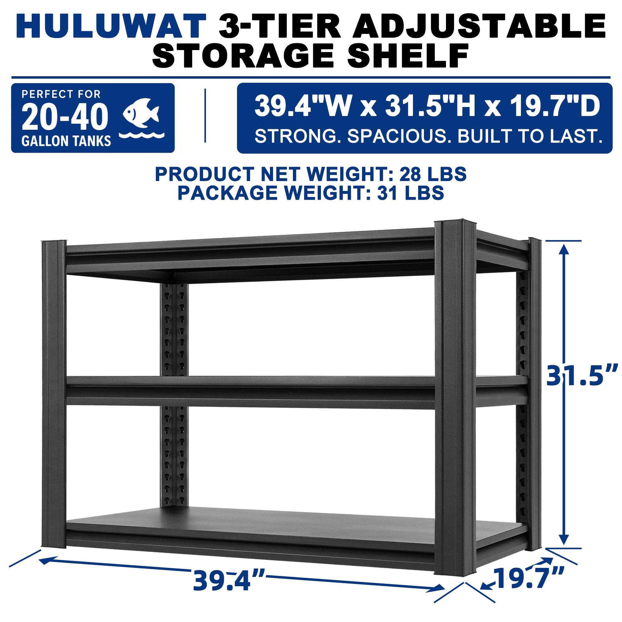 Flynama 3-Shelf Storage Shelving, Heavy Duty Steel, Adjustable, Black (39.4"W x 31.5"H x 19.7"D), Pantry