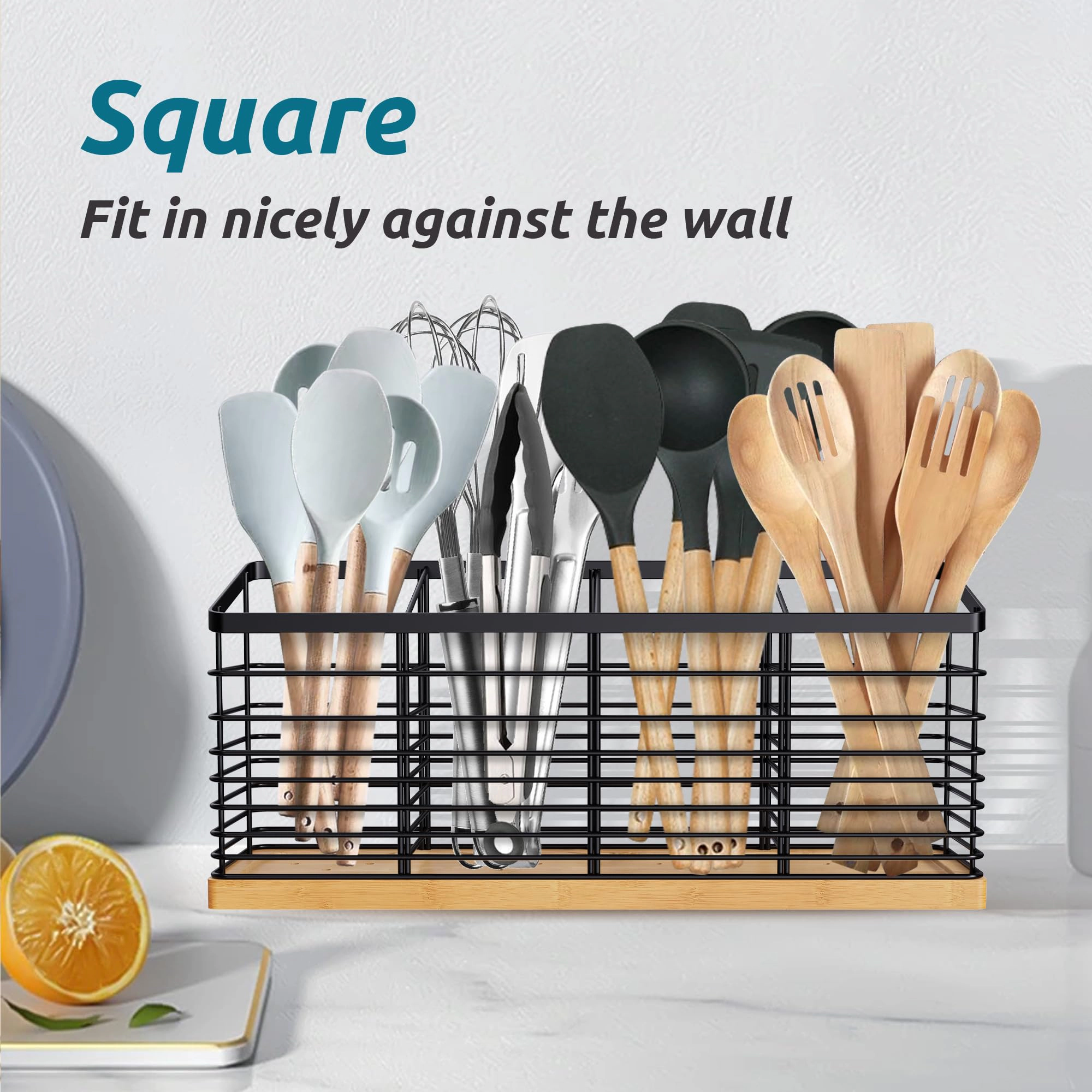 WZK Extra Large 4 Compartment Metal Wooden Base Kitchen Utensil Holder