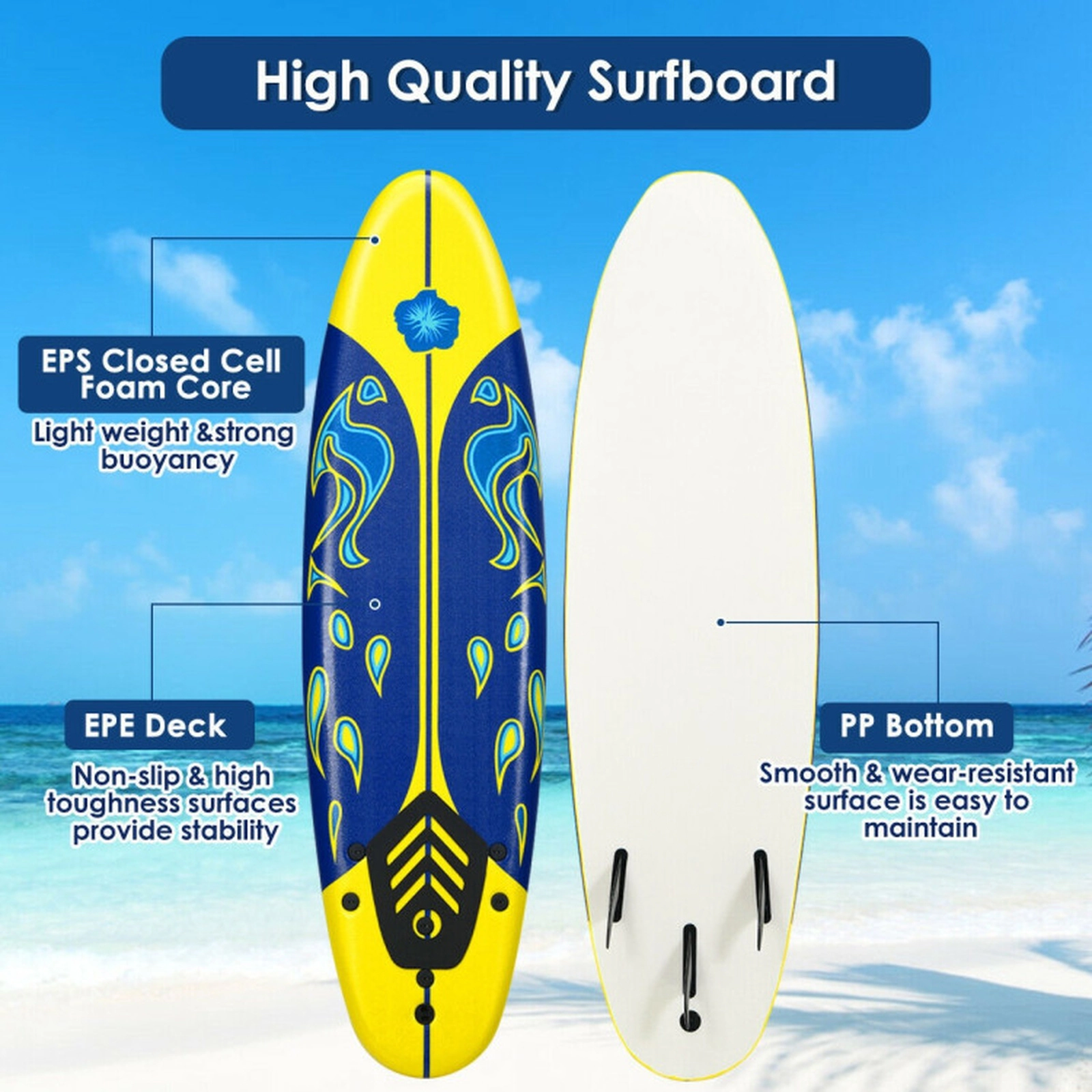 SUGIFT 6-Foot Foam Surfboard Water Toy with 3 Detachable Fins 200-lb Capacity Red/Yellow/White