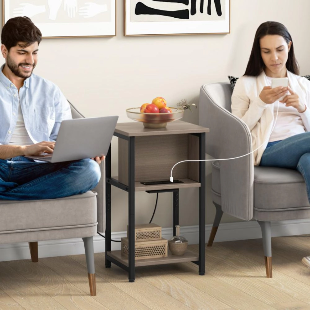 Hivvago 3-Tier Side Table with Charging Station, USB Ports, and Power Outlets