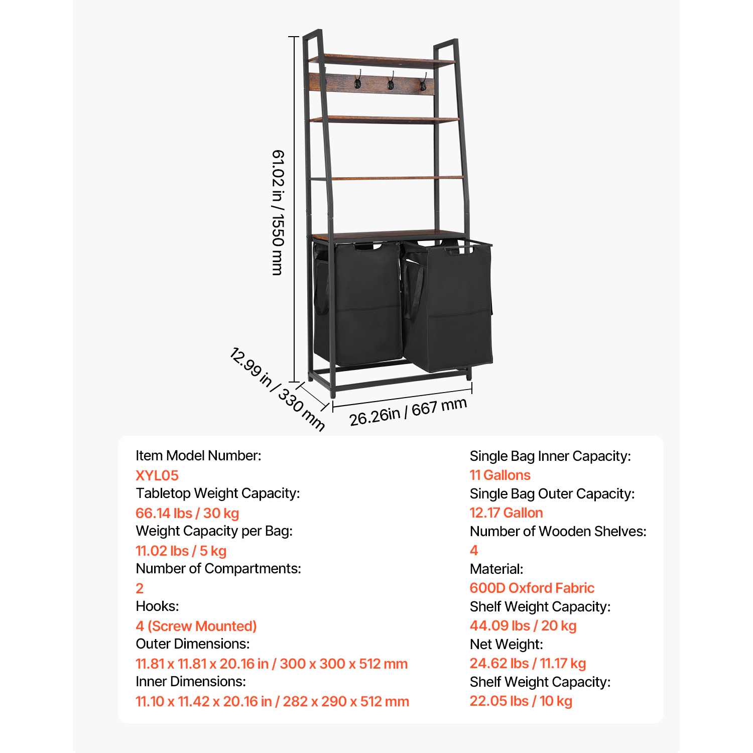 HONGGE Laundry Sorter Large Laundry Hamper with Metal Frame and Wooden Tabletop Freestanding Storage Organizer Baskets