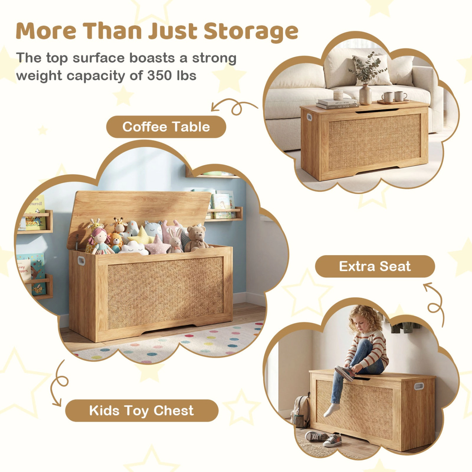 SUGIFT Kids Flip Top 2 Soft-Close Hinges Rattan Front Toy Box Storage Bench 40-in x 16-in x 20-in 350-lb Natural