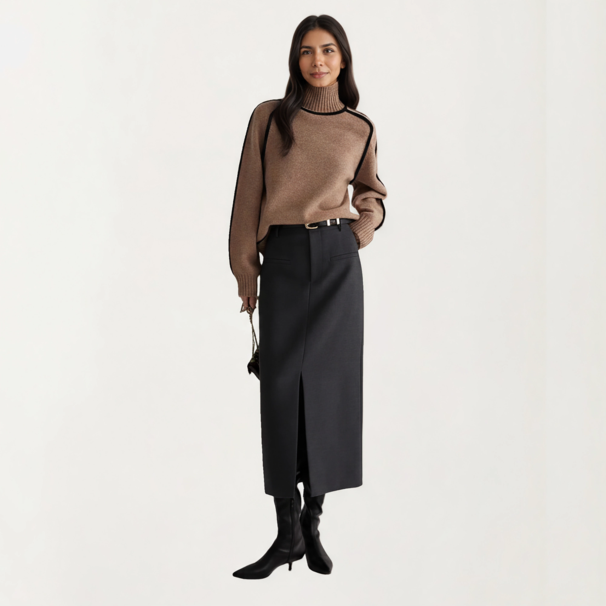 Anna-Kaci Women's Turtleneck Pullover Top with Contrast Trim Details and Ribbed Hemline for a Clean Modern Silhouette