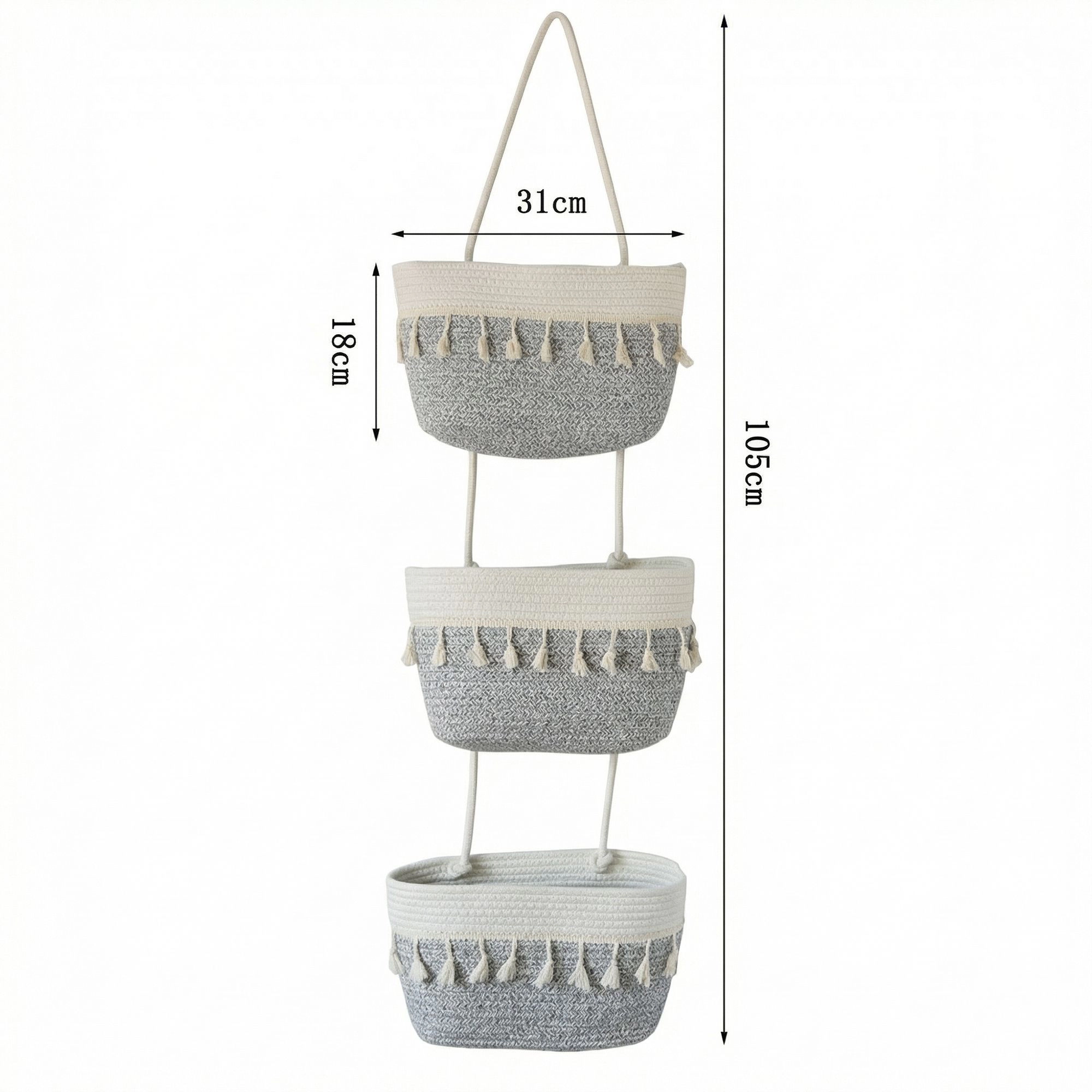 Alilang Unisex 3 Tier Hanging Storage Basket Cotton Rope Wall Organizer Tassel Decorative