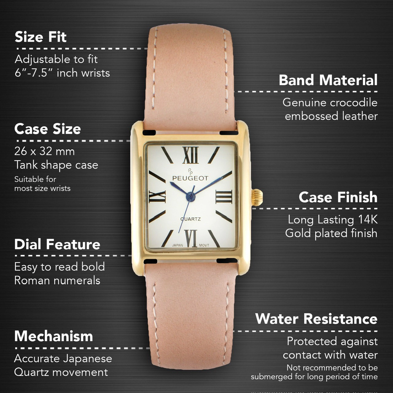 Peugeot Women's Tank Watch Roman Dial Pink Leather Strap
