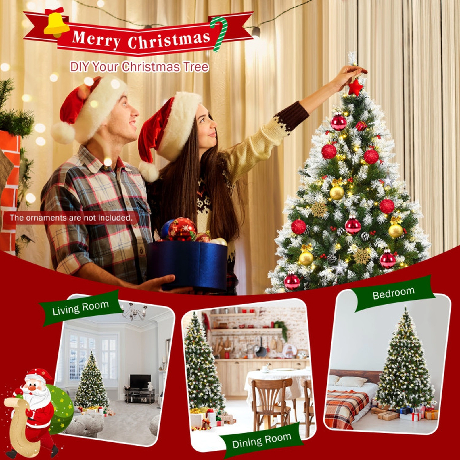SUGIFT Snow Pre-lit Christmas Tree with Red Berries and Warm White LED Lights 6-ft PVC Metal Hinged Sections Green