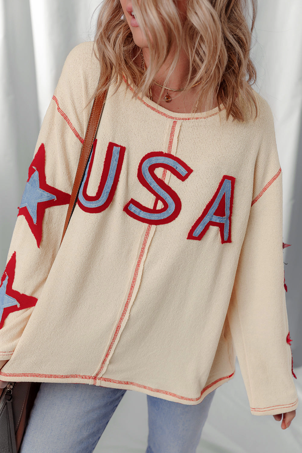 Threaded Pear Women's USA Patchwork Exposed Seam Long Sleeve Top
