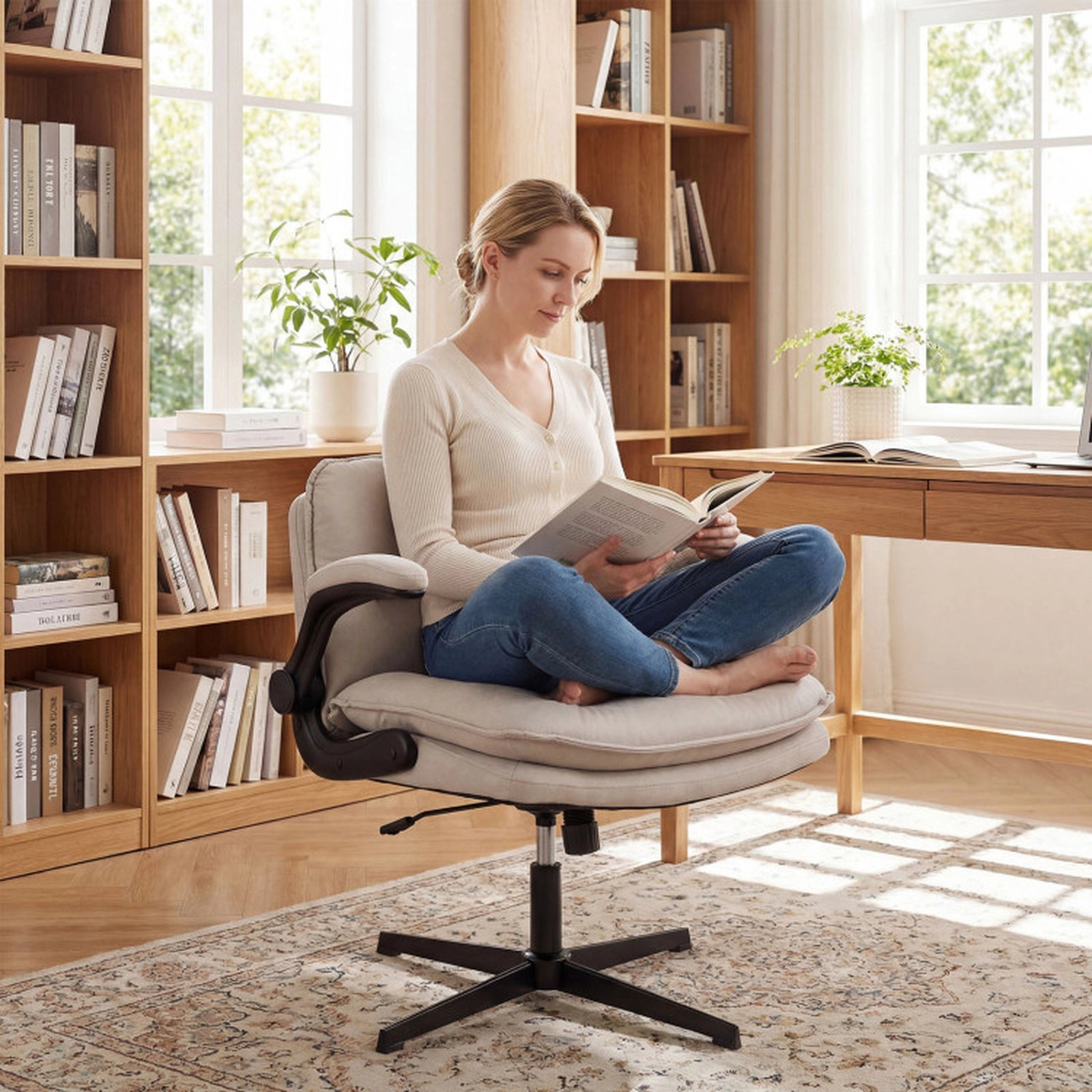 SUGIFT Flip-up Arms Wide Backrest Criss Cross Office Desk Chair 30-in x 27-in x 31-in 330-lb Capacity Beige