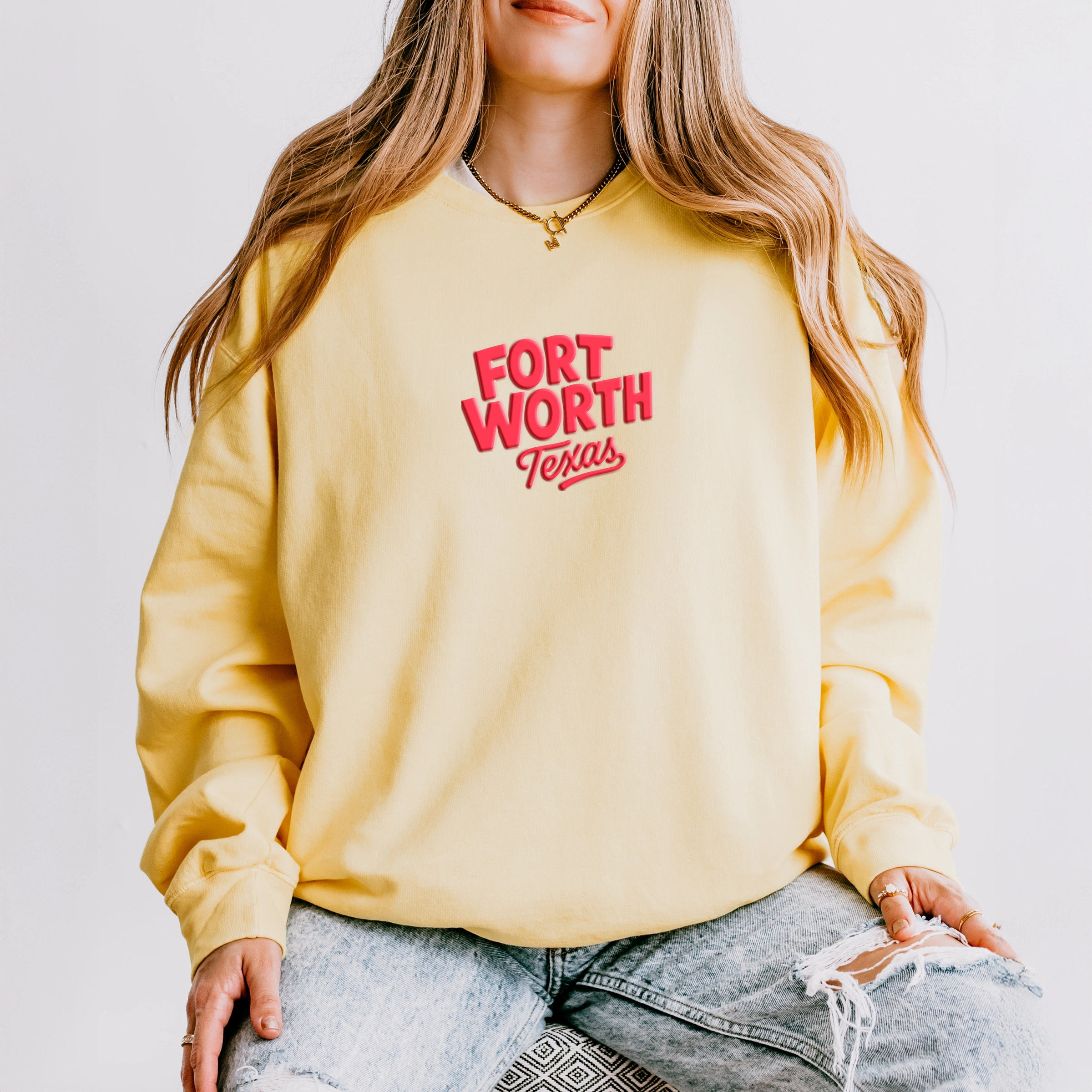 Simply Sage Market - Women's Lightweight Garment Dyed Sweatshirt Fort Worth Vibrant Puff Print
