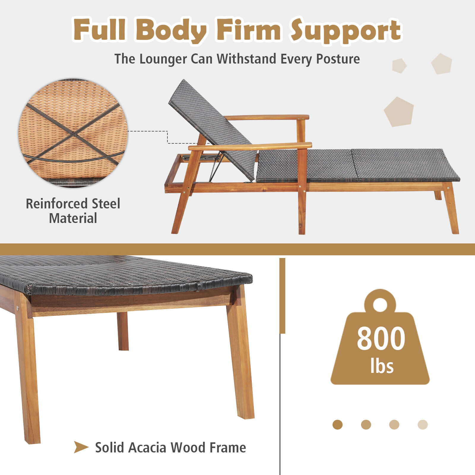 SUGIFT Patio Chaise Lounge, Adjustable Backrest, Acacia Wood Frame, Mixed Brown PE Wicker