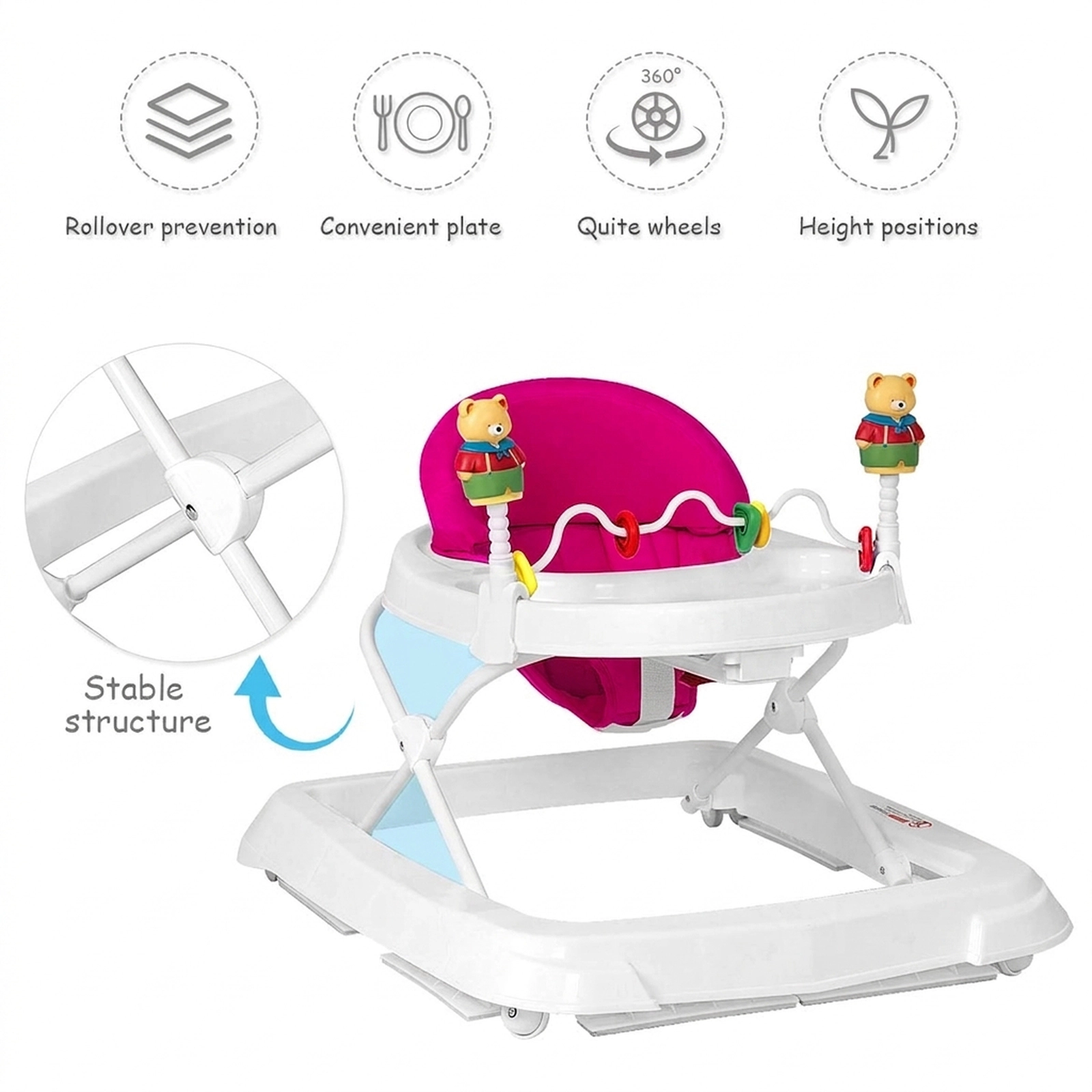 Portable Folding Baby Walker for Girls with Wheels 3 Adjustable Heights Removable Toys Pink