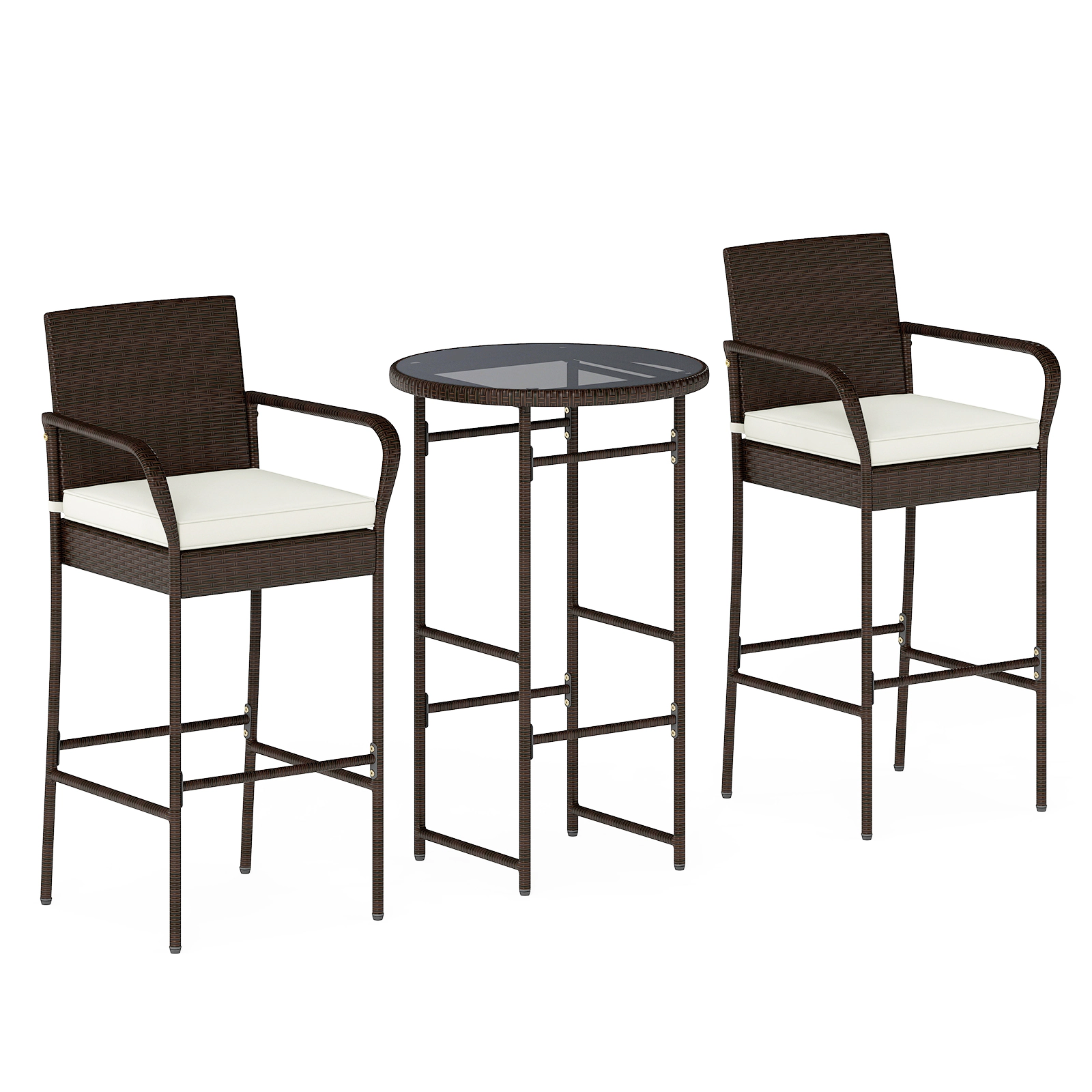 SUGIFT 3-Piece Outdoor Bar Set with Bar Table & 2 Cushioned Bar Chairs 400-lb Chair Capacity Mix Brown Rattan Off White