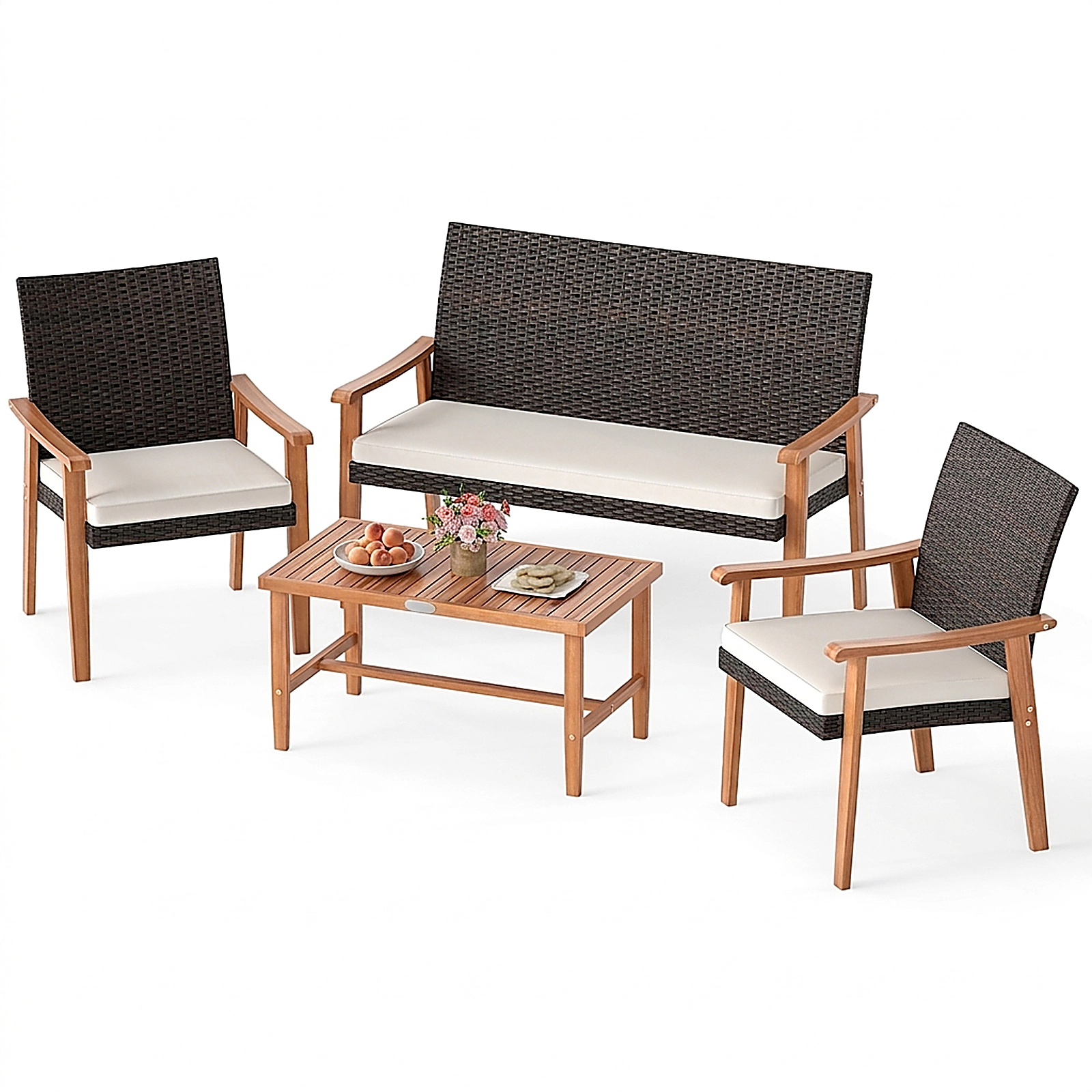 SUGIFT 4-Piece White Rattan Patio Set with Loveseat, 2 Chairs and Acacia Coffee Table