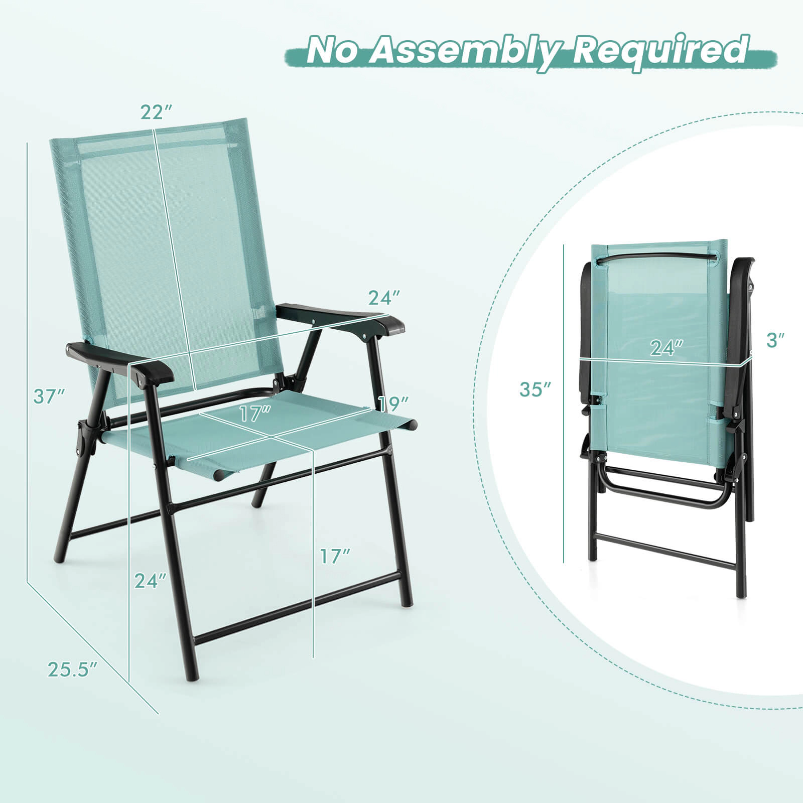 SUGIFT Set of 2 330-lb Capacity Light Green Folding Outdoor Dining Chairs with Armrests and Metal Frame