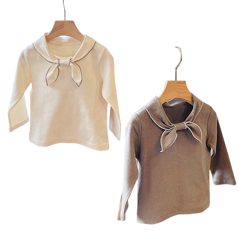 MyKids-USA Baby Girl Solid Color Bow Tie Design Pullover Long Sleeve Tops