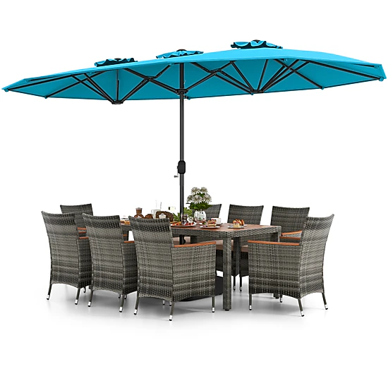 SUGIFT 10-Piece Turquoise Outdoor Wicker Dining Set, 75-In Acacia Table, 15-Ft Double-Sided Umbrella