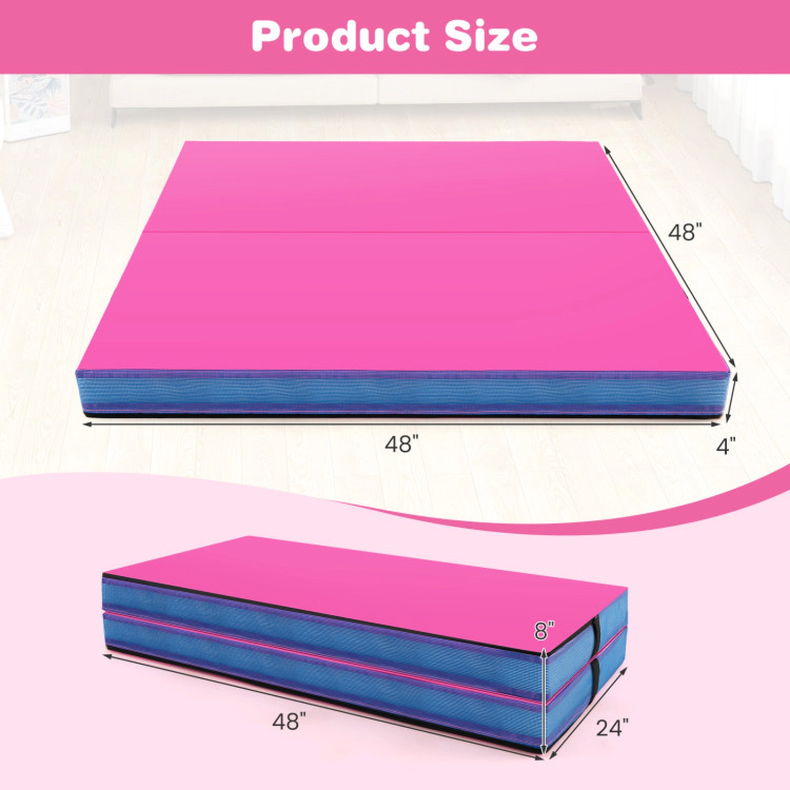 SUGIFT Pink 4-ft x 4-ft x 4-in Bi-Folding Gymnastics Tumbling Mat with Carry Straps and Zip-Off Cover